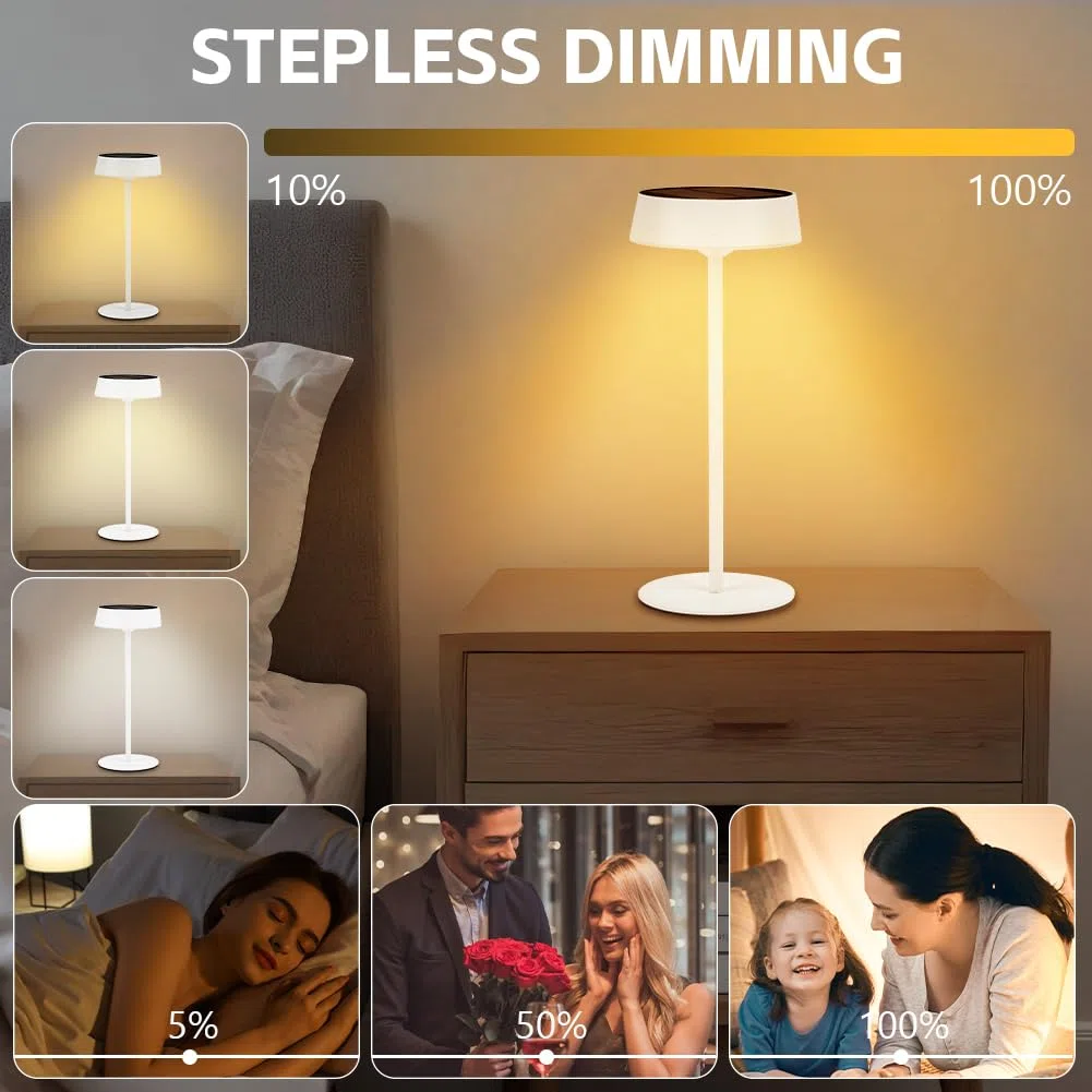 HOTUT Lampada da Tavolo Solare LED Dimmable all'aperto, Lampada da Tavolo a LED Senza Fili per Interni ed Esterni, Carica Solare e USB 2 in 1, IP65 Impermeabile, per Giardino Campeggio Camera da Letto