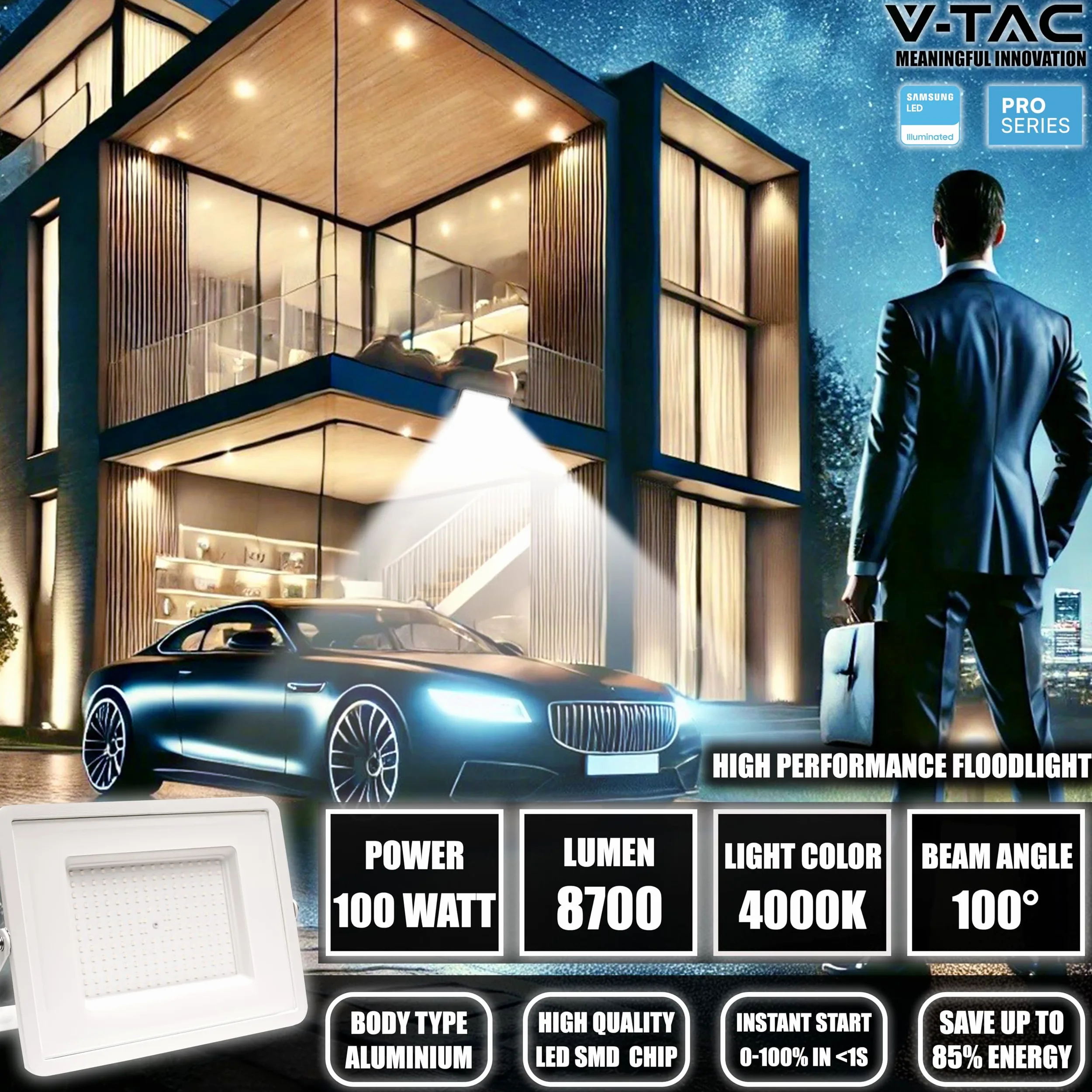 V-TAC Faro LED da Esterno Bianco 100W - [Chip Samsung - Alte Perfomance, Bassi Consumi] - 8700 Lumen - IP65 - Proiettore Faretto LED Nero per Casa, Giardino, Garage - Impermeabile - Fari Luce Naturale