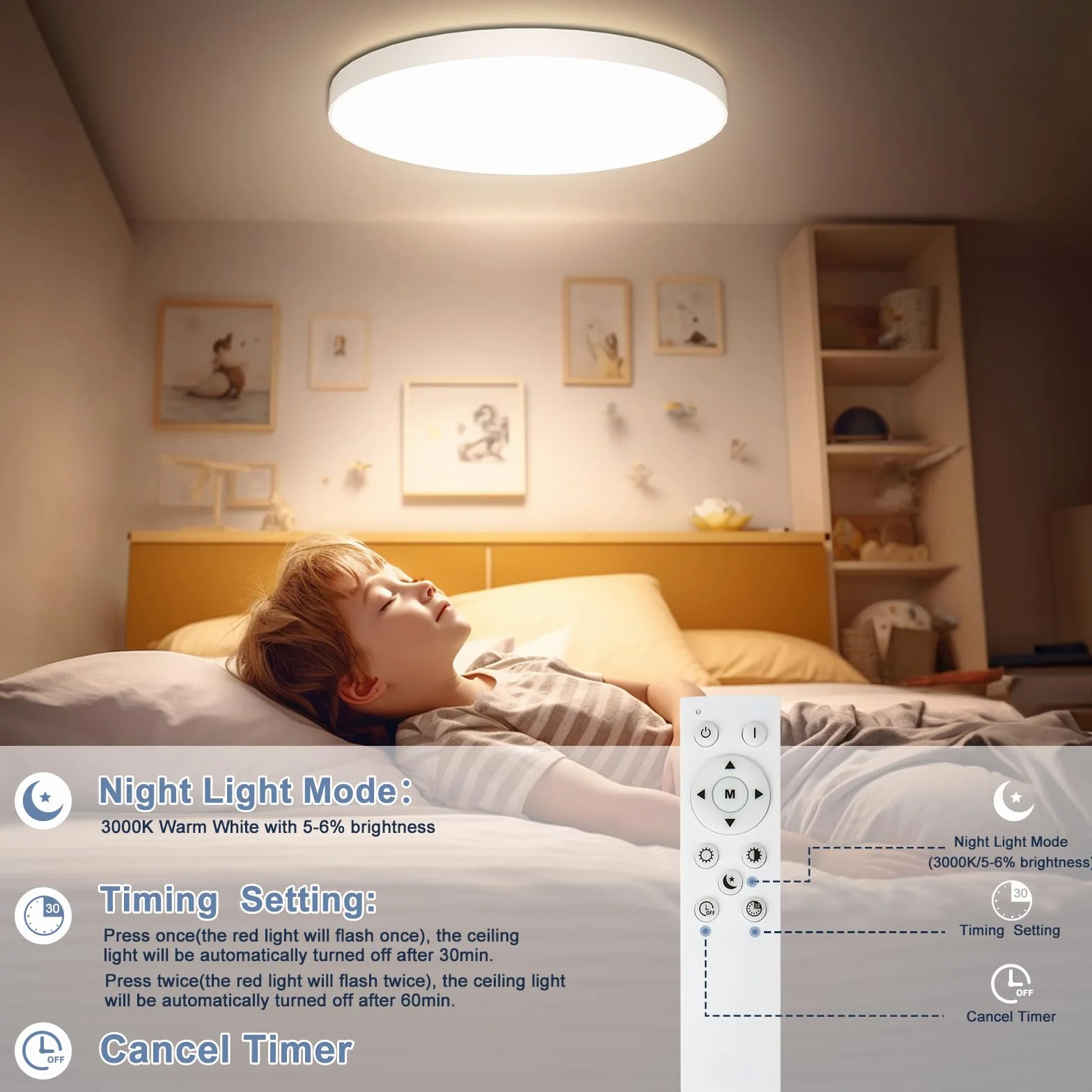 OUILA Plafoniera LED Soffitto Dimmerabile, 24W Lampada da Soffitto con Telecomando 3000K-6500K Plafoniera Bagno IP44 Impermeabile Ø28CM 2000LM Lampadario LED Moderna per Cameretta, Cucina, Soggiorno