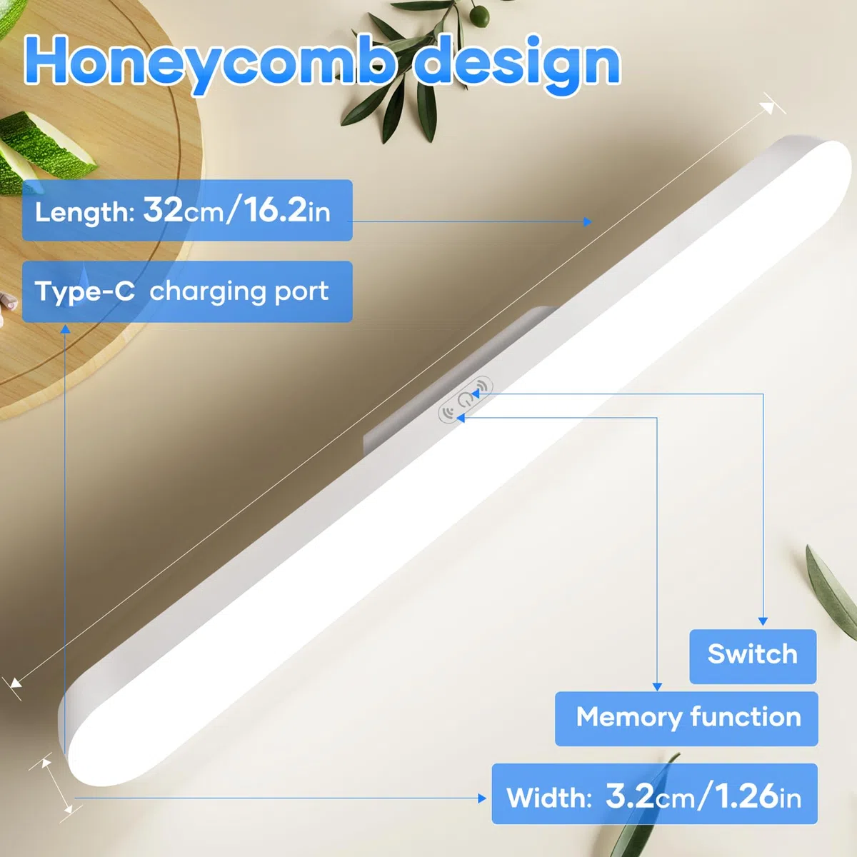 Lampada LED Ricaricabile 3000mAh 32cm,con sensore di memoria,magnete e regolazione della luce Ricaricabile tramite USB. Lampada ideale per camera da letto,armadio,arredamento, cucina e bagno.
