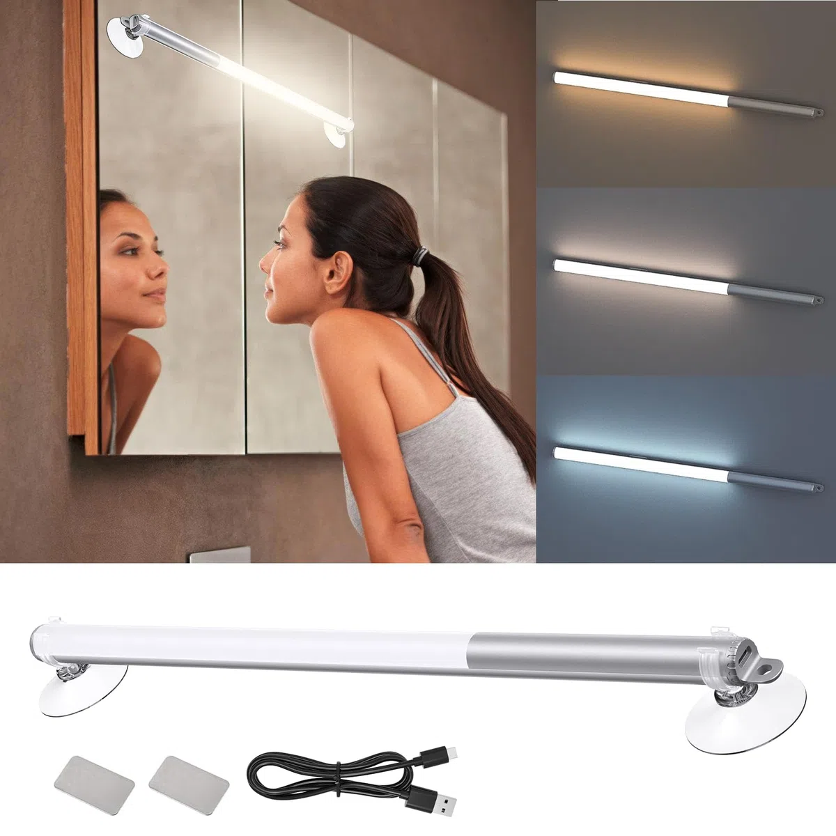 GAOUTO Lampada da trucco LED ricaricabile tramite USB, lampada a specchio LED dimmerabile, lampada a specchio moderna per bagno e toeletta