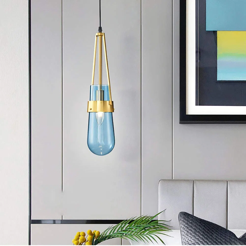 Personalità Creativo Goccia D'acqua Vetro Lampadario,Ristorante Bar Cafe Studiare Camera,E27 Nordico Semplice Lusso Leggero Testa Singola Lampadario Piccolo-Blu 15 * 60cm
