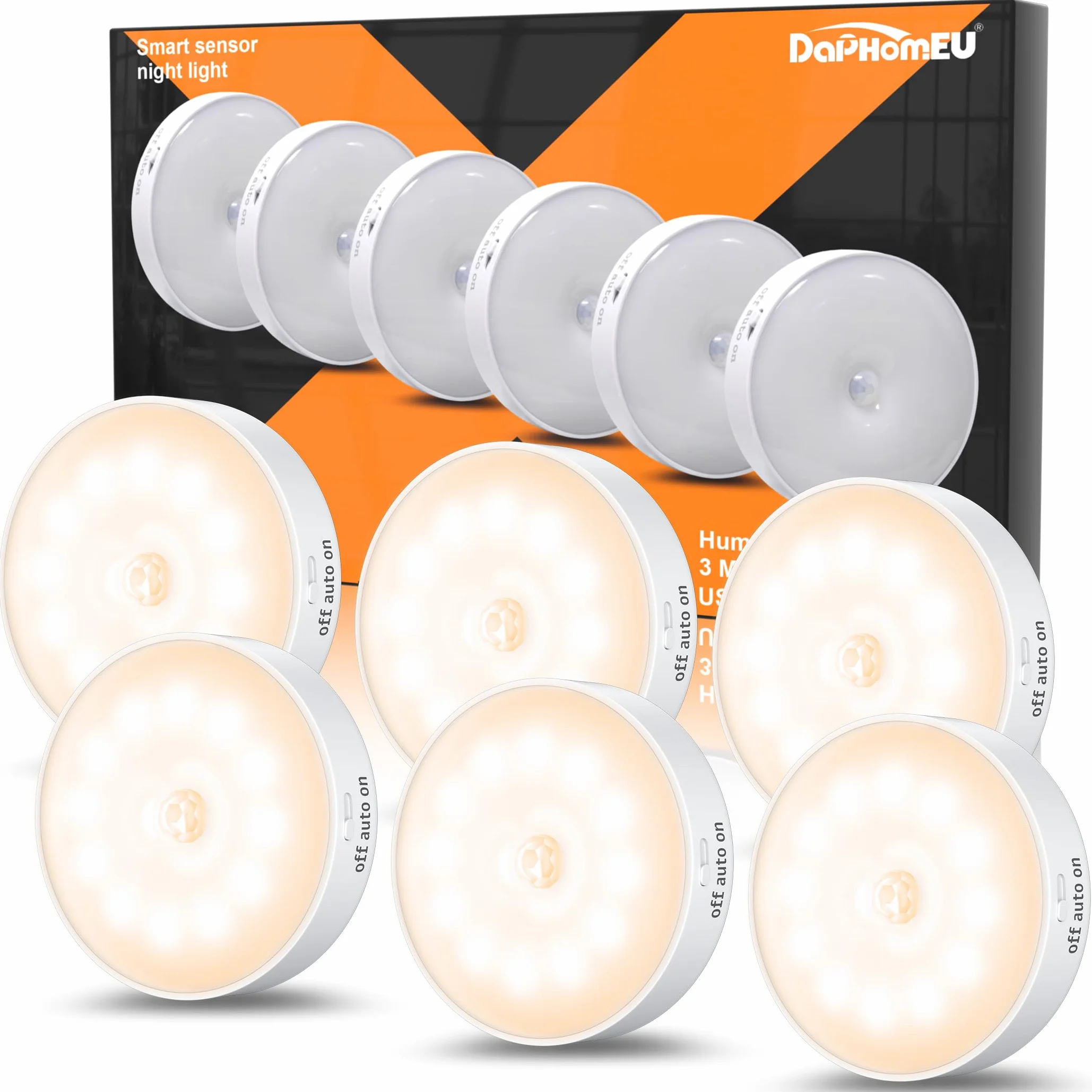 Luci con sensore di movimento per interni, confezione da 6 luci wireless ricaricabili USB per armadietti, luci notturne da parete, funzionamento a batteria, per scale, guardaroba, corridoi, armadi