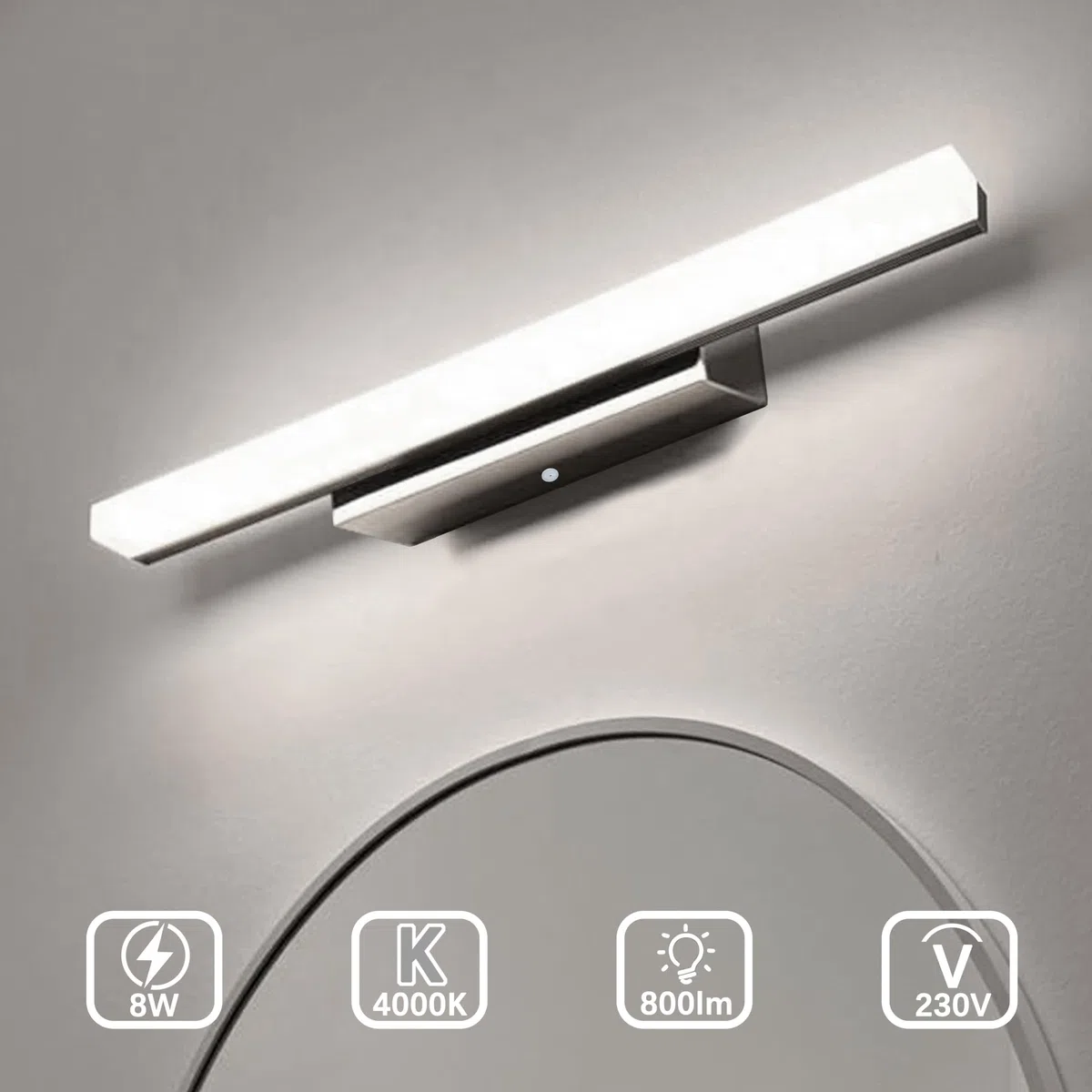 Lampada da Specchio Bagno 8W 40cm, IP44 Applique LED da Specchio Bagno, Luce bagno Parete, 800 Lumen,Luci da specchio 110-240V, Non-dimmerabile (Cromo,Bianco neutro 4000k)