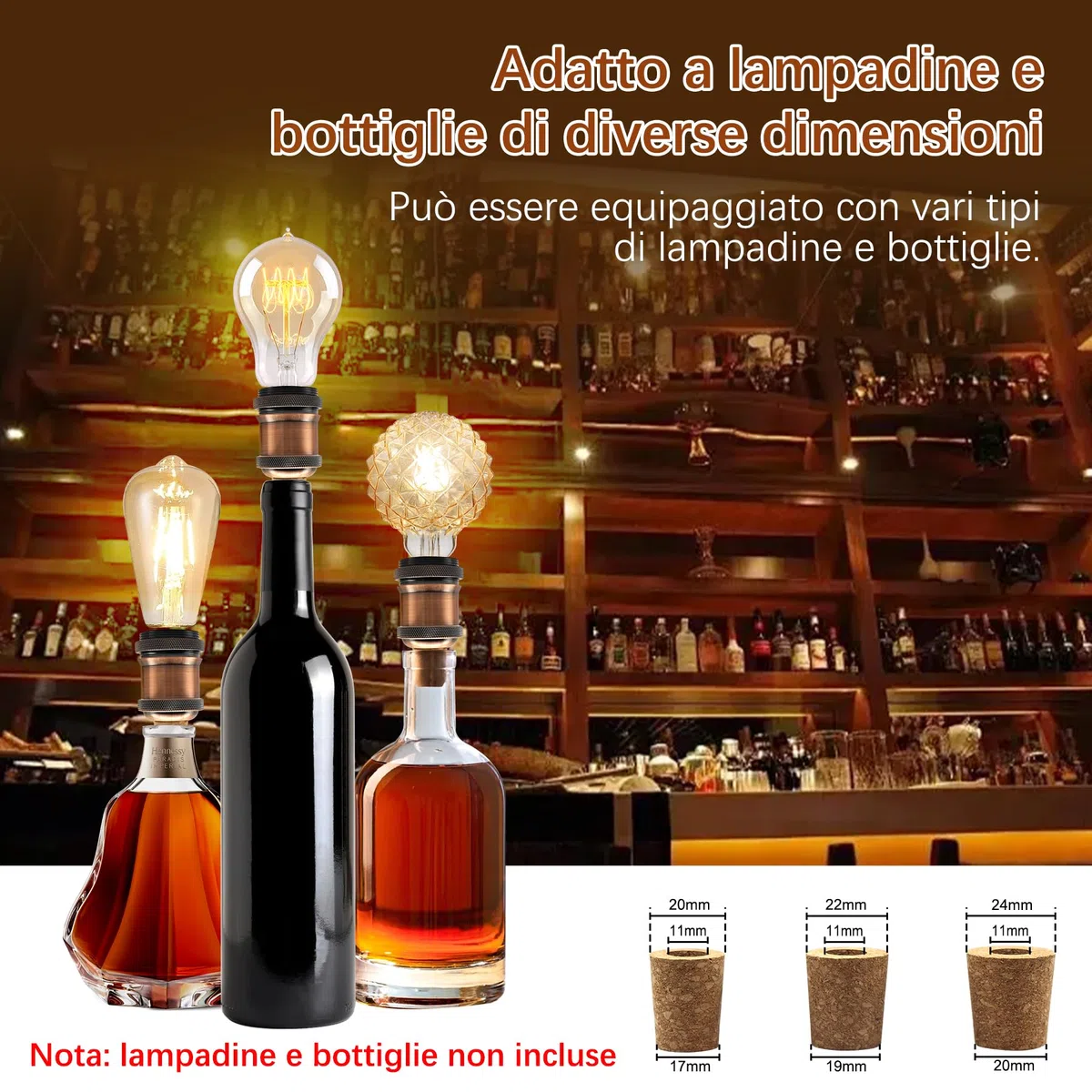 Kit Lampada Per Bottiglia di Vino Con 3 Tappi di Sughero - DIY Lampada da Tavolo, Adattatore Portalampada E27 Con Spina e Interruttore