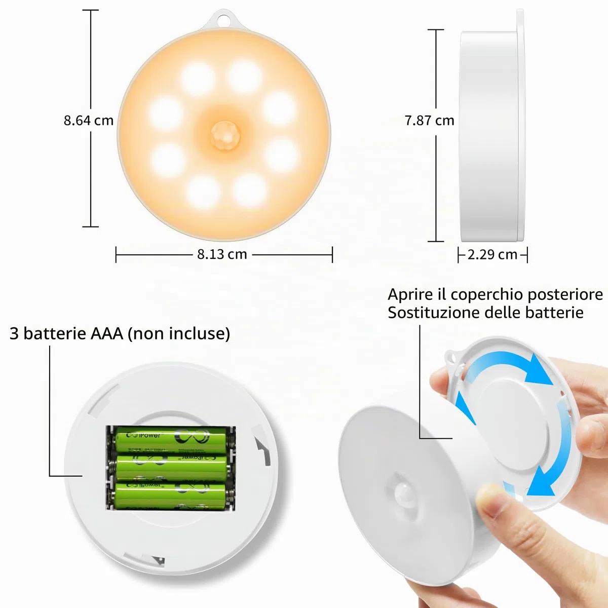 daphomeu 6 pezzi Luce notturna con sensore di movimento, 3 batterie AAA, illuminazione dell'armadio, sensore di movimento de interno per scale, camera da letto, cucina, sottopensile .(luce calda)