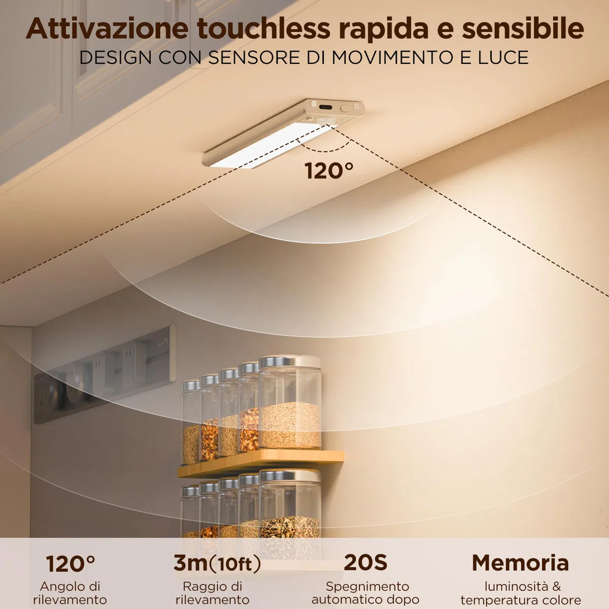 Luce LED Sottopensile Cucina Con Sensore Di Movimento, Ricaricabile Striscia LED A Batteria, Illuminazione LED Per Camera Da Letto, Armadietto - Luce Per Armadio, Scale, Pensile (22 cm, 2 pack)