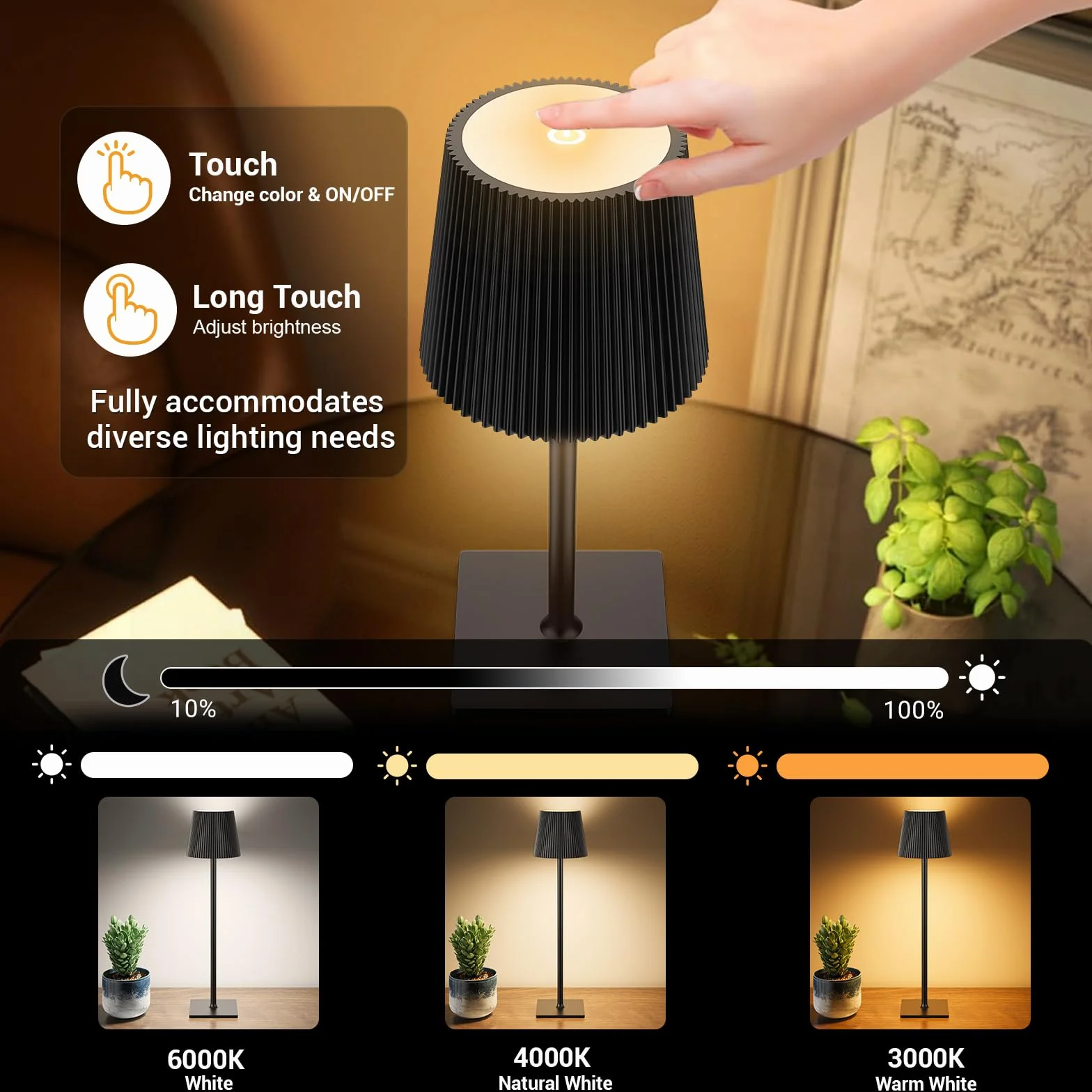 Lampada LED da Tavolo Senza Fili Lampade da Tavolo Batteria Ricaricabile con USB-C e Tappo per Bottiglia, Lampada Tavolo Dimmerabili per Salotto, Ufficio, Camera da Letto, Nero Pece