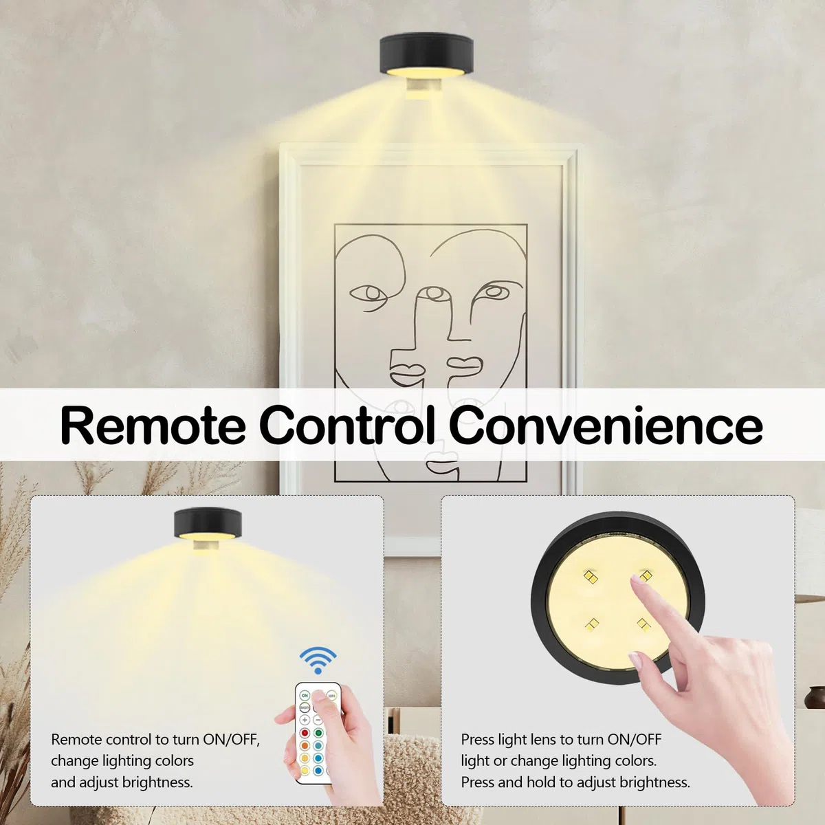 Faretto Magnetico Senza Fili con Telecomando, Ricaricabile, 13 Modalità di Illuminazione, Dimmerabile, Timer, Senza Foratura, per Quadri, Bersagli da Dardo, Cornici e Ritratti (Nero, 6 Pezzi)
