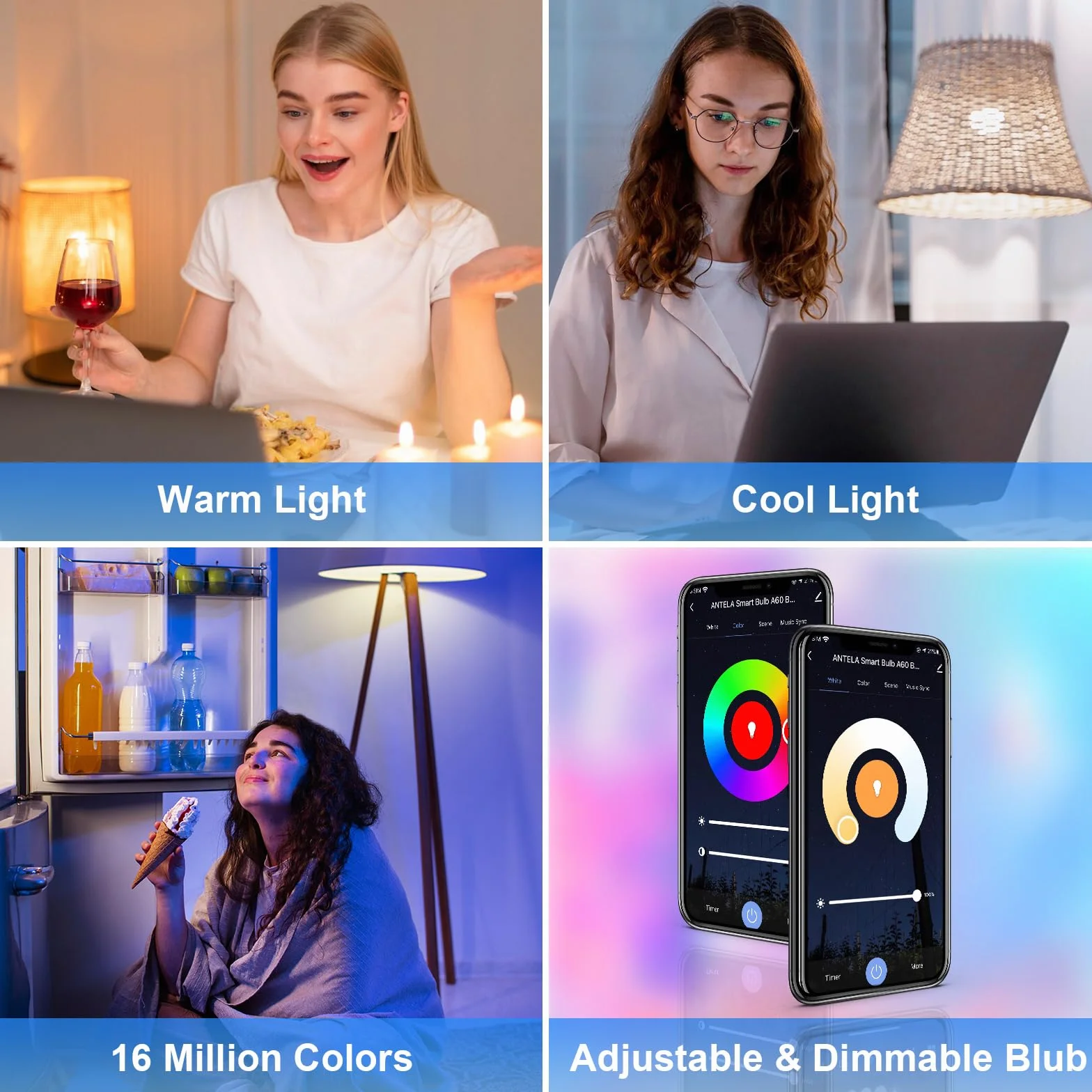 ANTELA Lampadina LED Alexa E27 Wifi, 7W 806LM Dimmerabile Lampadina Smart RGB 2700k-6500k, Compatibile con Alexa e Google Home, App Controllato, 2Pz