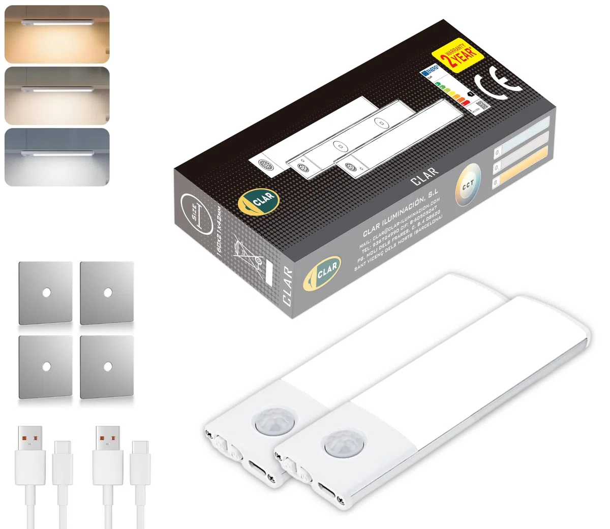 CLAR - Luce LED Sottopensile con Sensore di Movimento, Senza Fili e Ricaricabile, Luce Magnetica per Cucina e Armadio, 10 cm (Pack 2)