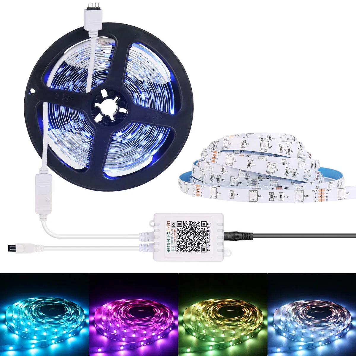 Striscia LED 5M Bluetooth, ALED LIGHT Strisce Luci Led RGB 5050 SMD con DC 12V Alimentatore e 44 Tasti Telecomando e Ricevitore, Nastro LED Decorazione per Natale Feste Casa Matrimonio
