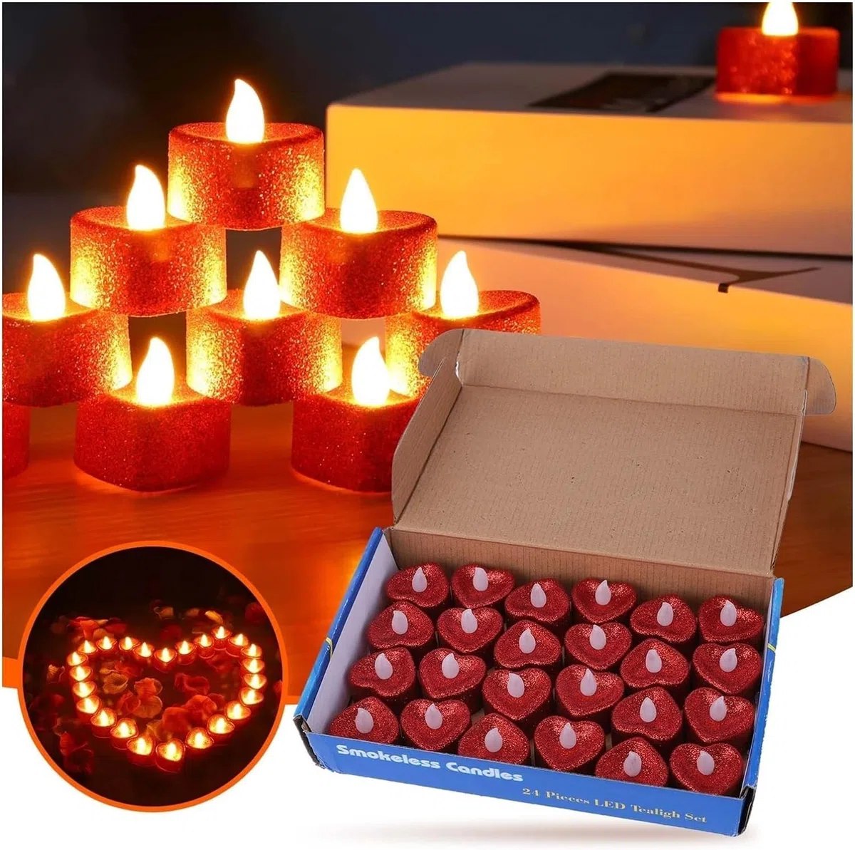 24 candele luminose a LED romantico a forma di cuore, decorazioni romantico, per San Valentino, senza fiamma, per la tavola del matrimonio