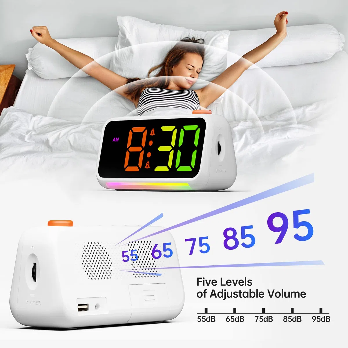 CHEREEKI Sveglia Digitale da Comodino LED con Luce Notturna RGB Dinamica, Luminosità e Volume Regolabili, 2 allarmi, Funzione Snooze, Sveglia Elettrica Adatta a Bambini e Adulti