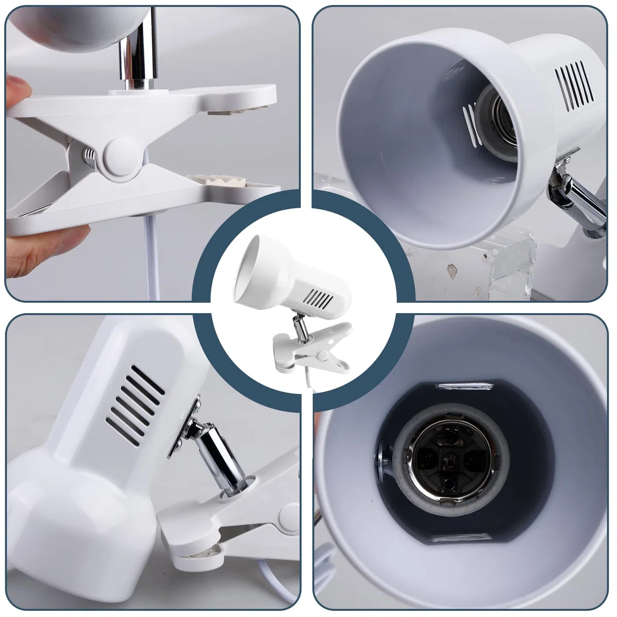 GBKDQQ Lampada da scrivania bianca, 220 V, E27, portalampada da tavolo con spina europea e interruttore cavo, base per lampada, girevole a 270°, flessibile per lettura a letto, lavoro e apprendimento