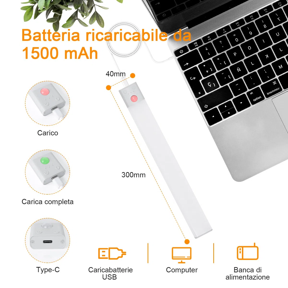 AiQInu Luce Armadio Sensore Movimento, USB Ricaricabile Led Sottopensile, 30cm Dimmerabile Lampada Armadio con Striscia Magnetica Adesiva per Cucina, Scale, Corridoi