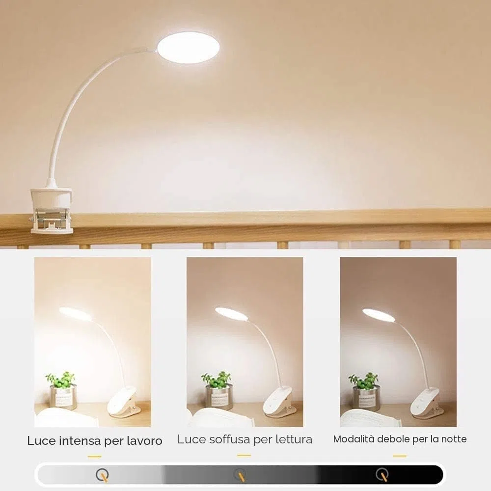 Lampada da lettura a clip, alimentata a batteria, luce a clip per letto con 3 livelli di luminosità, ricaricabile tramite USB, lampada da lettura