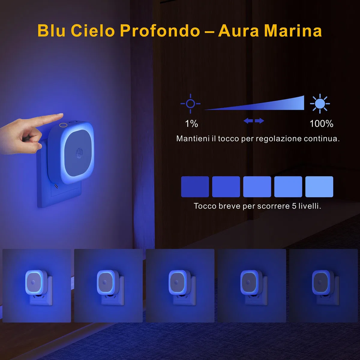 YUNLEX Luce Notturna da Presa con Sensore di Movimento, 3 modalità di sensore, [2 Pezzi] luci notturne dimmerabili per Camera dei Bambini, Bagno, Cucina, Scale, camera da letto, Blu