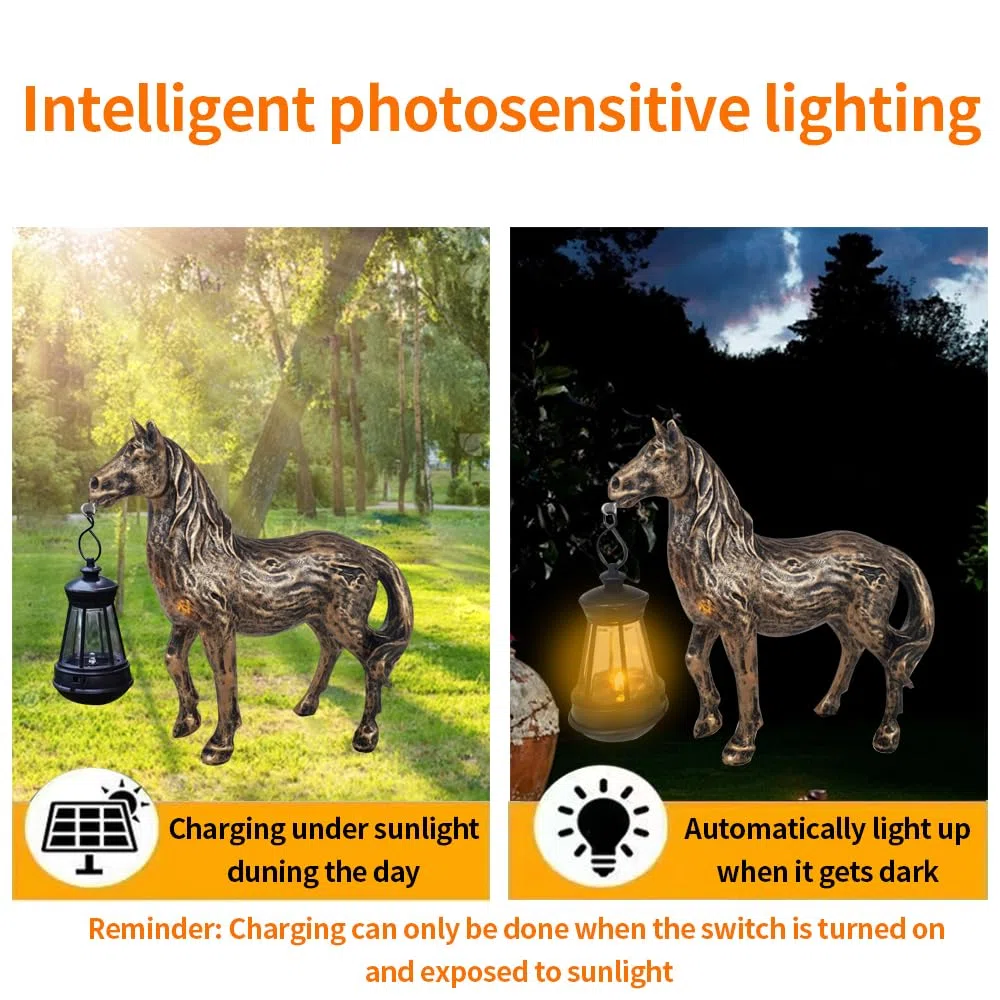 Solare antico bronzo lanterna del cavallo, decorazione giardino resina carino retro cavallo luce animale, tramonto senza fili all'alba luce LED impermeabile.