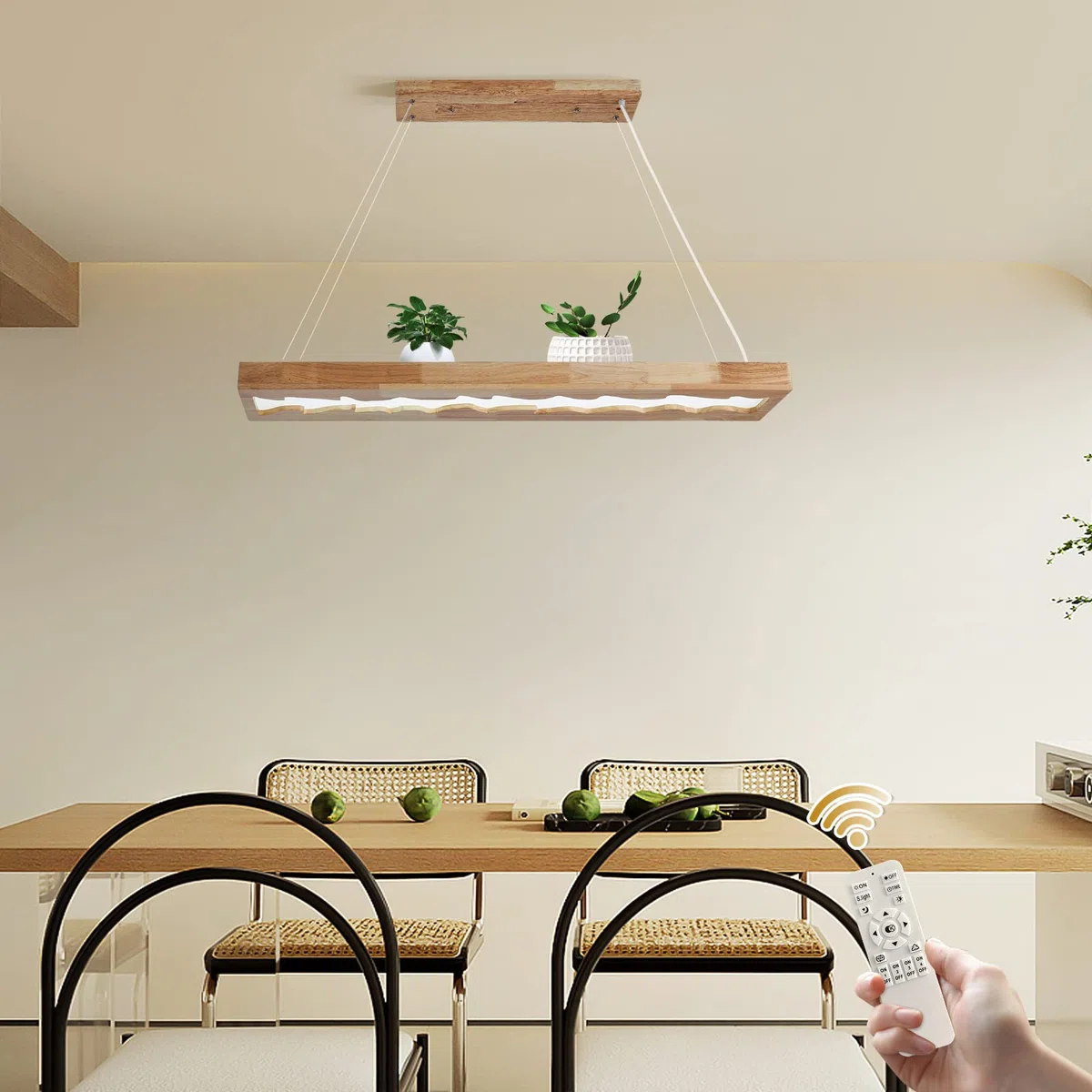Lampada a sospensione a led in legno, lampada a sospensione rustica in legno dimmerabile per tavolo da pranzo, altezza regolabile, 40W, 100 CM