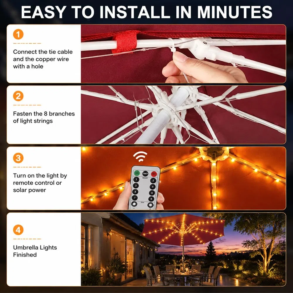 Luci per Ombrellone da Esterno LED con Telecomando 8 Modalità, Catena Luminosa Impermeabile IP65, Illuminazione Giardino e Terrazzo, Decorazione per Ombrelloni e Tende, Bianco Caldo (104 LED)