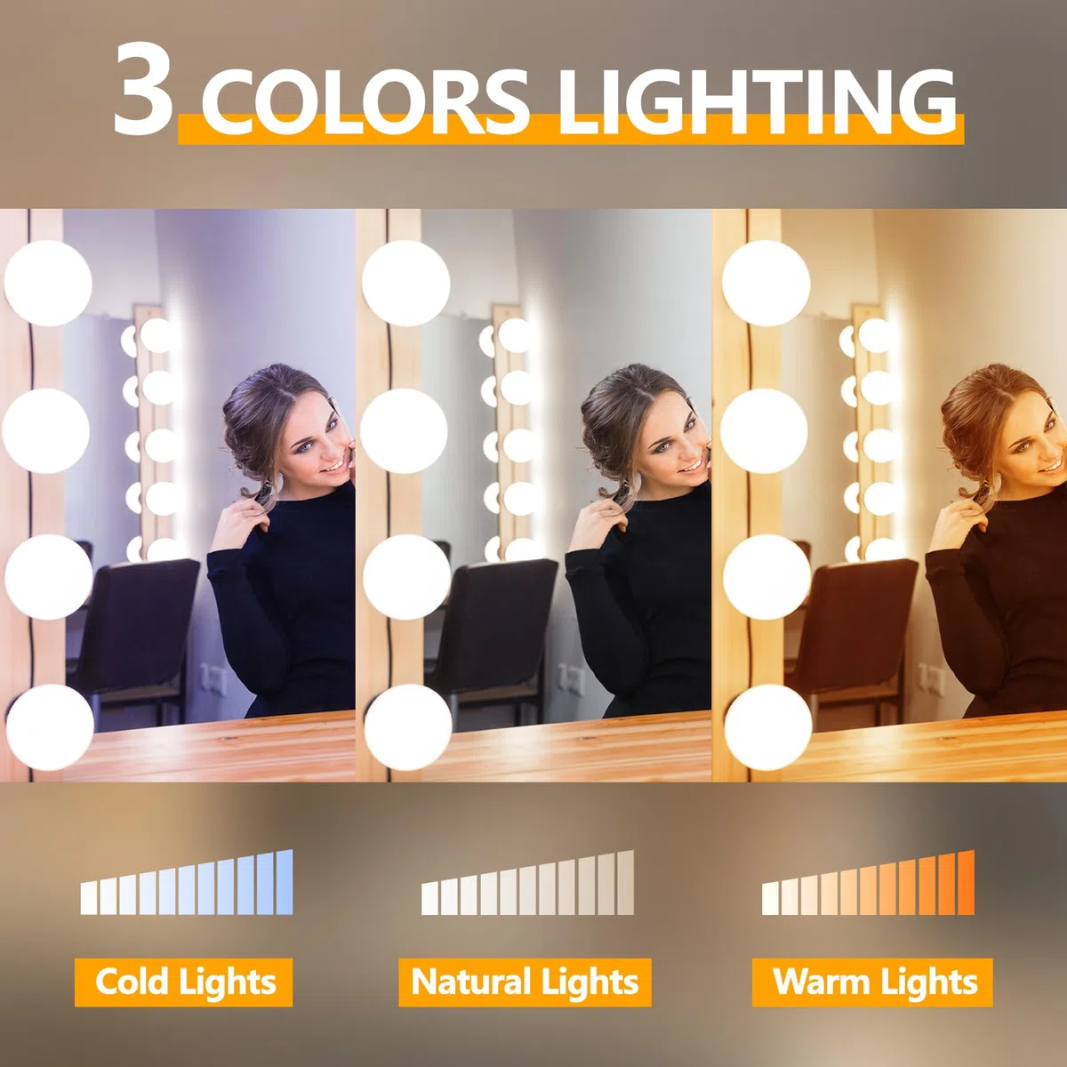 Luci per Specchio da Trucco,10 Lampadine Dimmerabili Luce Specchio Bagno Hollywood per Trucco con Controllo remoto RF Cavo USB Regolabile, 3 Colori e 10 Intensità Kit Luci LED Specchio Camera da Letto