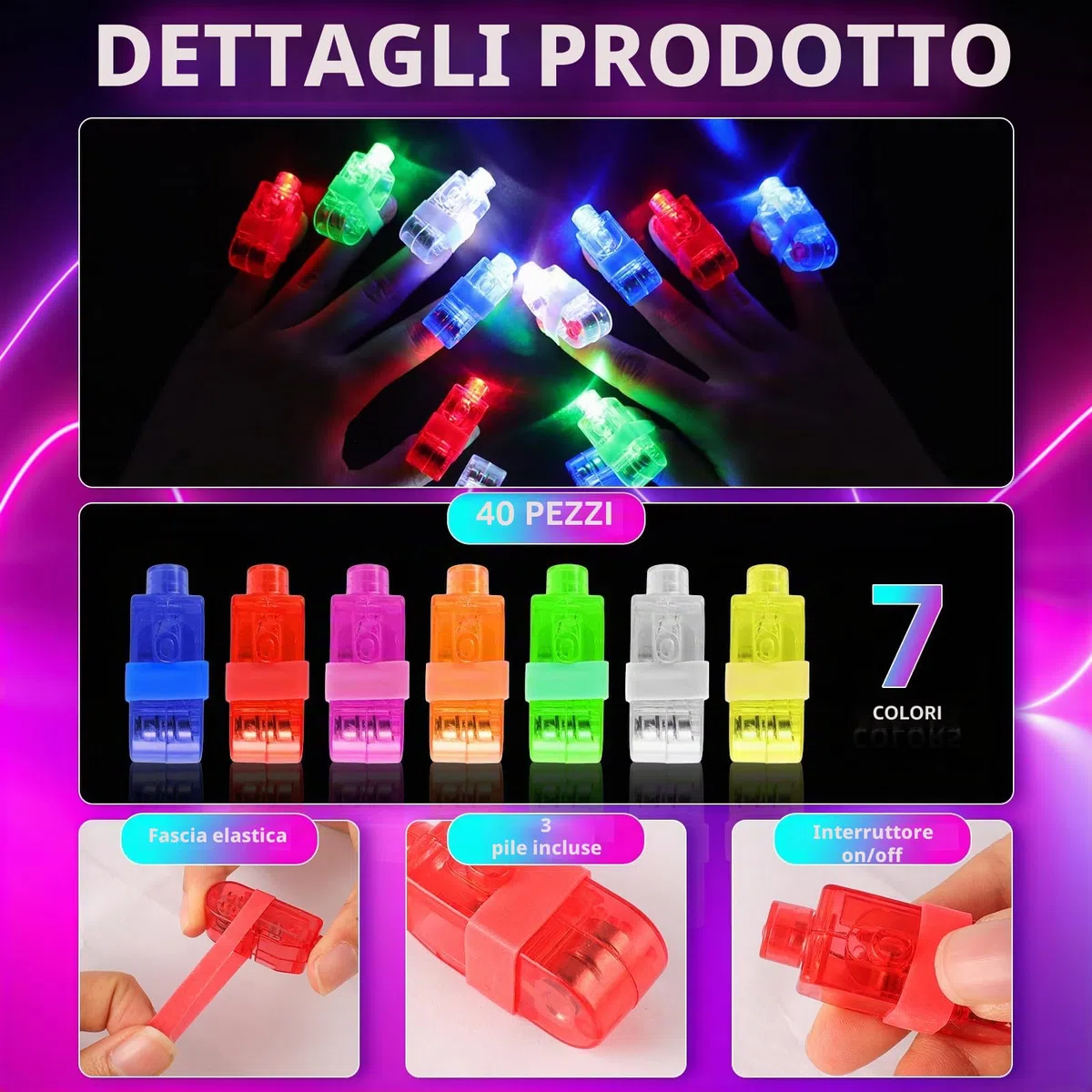 40 Pezzi Torcia a Led con Dita Colorate a Led, Anello a Dito Luminoso, Torce a Led da Agganciare Alle Dita, Torcia per Bambini, per Feste, Balli, Discoteche