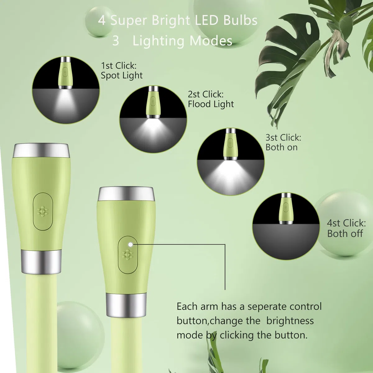 Lampada da lettura a LED a libro con luce USB ricaricabile, vivavoce, 4 lampadine a LED, 4 luminosità regolabile, per la lettura a letto o la lettura in auto (Verde)