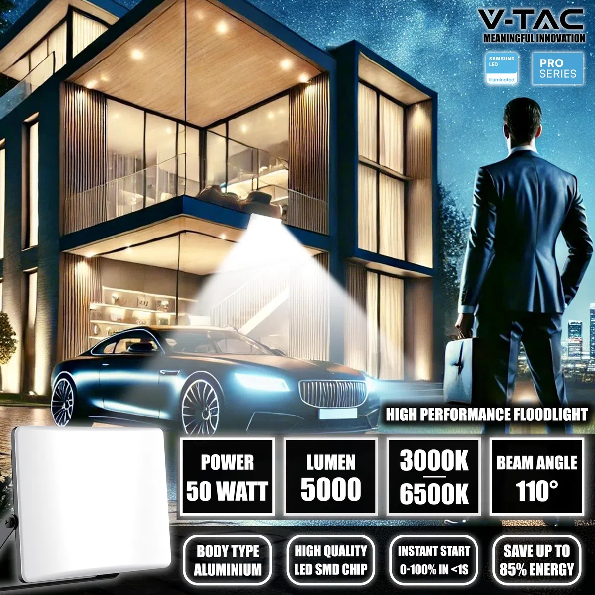 V-TAC Faro LED da Esterno 50W - [Chip Samsung + Tecnologia RLE + Innovativa Copertura in Policarbonato] - Alta Luminosità: 5000 Lumen - IP65 - Faretto LED per Casa, Garage, Magazzino - Luce CCT 3 IN 1
