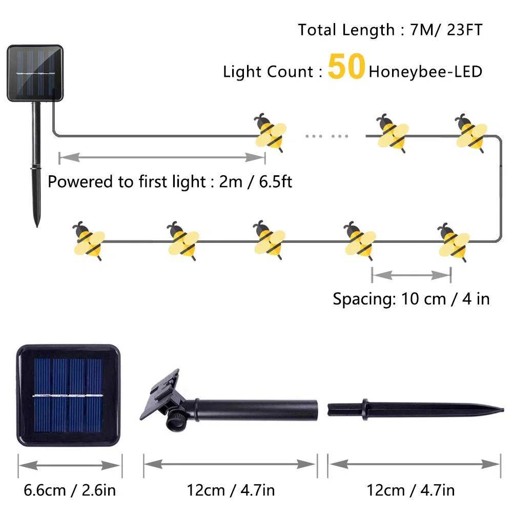 Solare Luci da giardino, 7M 50 LED Ape, 8 modalità Stringa di luce, IP65 impermeabile Illuminazione esterna, Illuminazione solare per Casa, patio, recinzione, festa, Natale, albero (Bianco caldo)