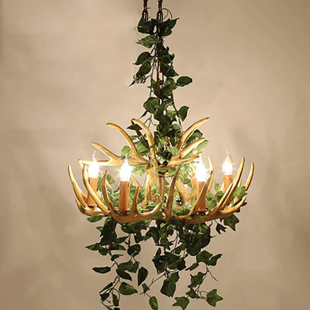 Creatività Personalità Stile Industriale Retro Durante L'Illuminazione,Sala Da Pranzo Decorazione Music Bar Soggiorno Camera,E14 Pianta Antler Resina Lampadario Illuminazione-Pianta verde 6 testa