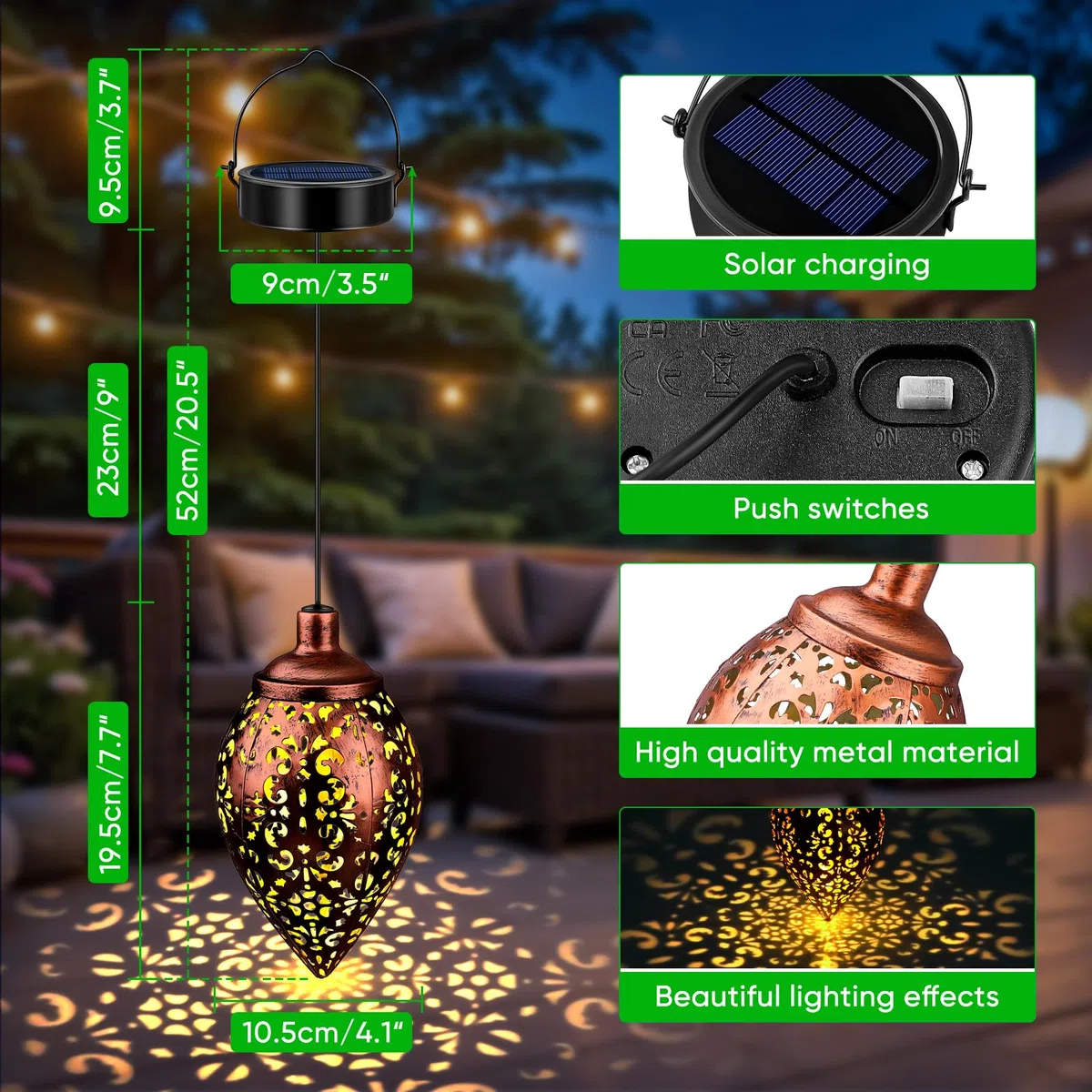 2 Pezzi Lanterne Solari da Esterno, Impermeabile IP65 Metallo Lampada Solare da Giardino, Lanterna Solare da Appendere per Balcone, Patio, Terrazza, Decorazioni, Matrimoni, Bianca Calda