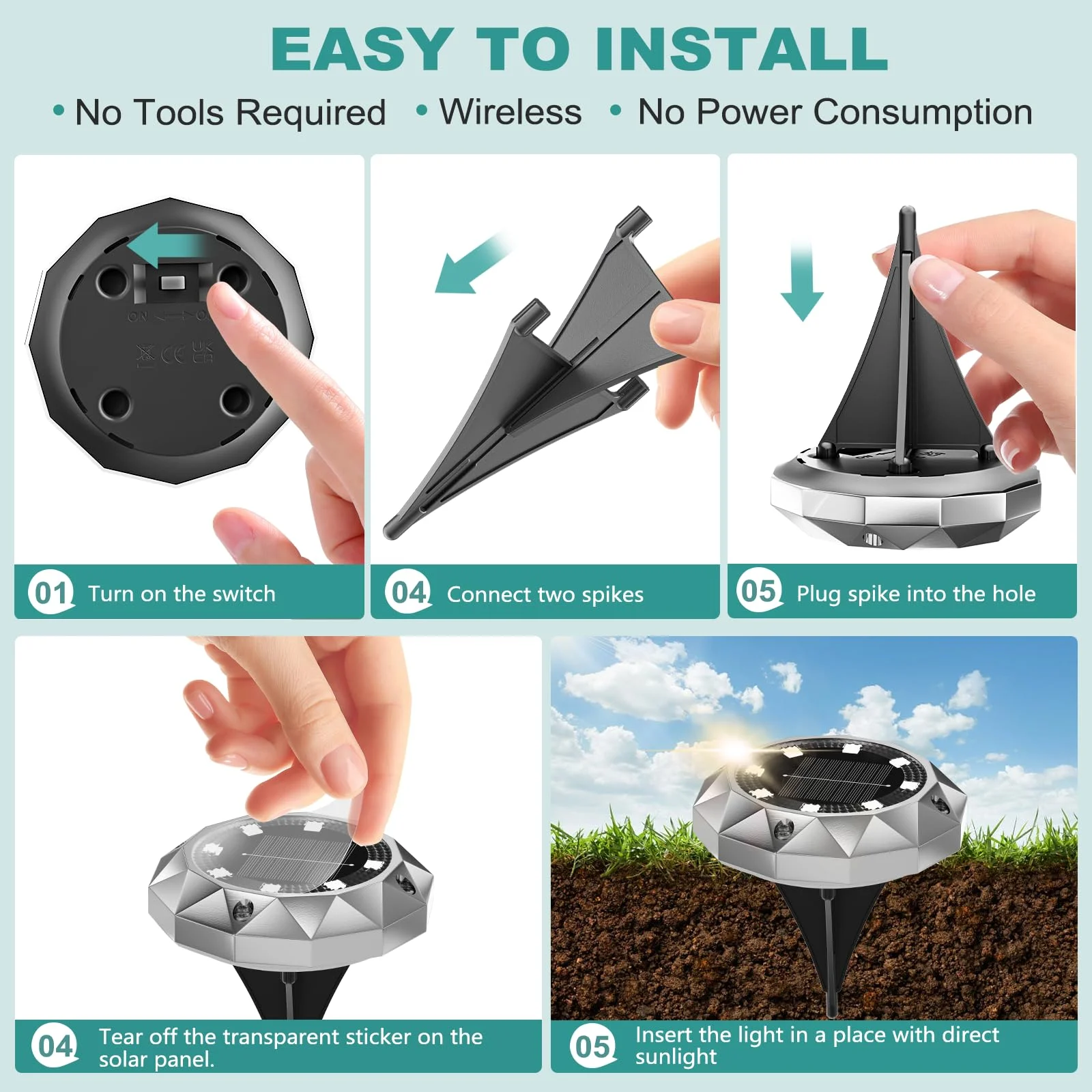 10 Pezzi Luci Solari da Giardino, 8 LED Faretti Sepolta Solari a Led da Esterno IP65 Impermeabile, Luci Solare Decorazione Lampade Solare da Terra per Cortile Prato Vialetto Paesaggio,Bianco Caldo