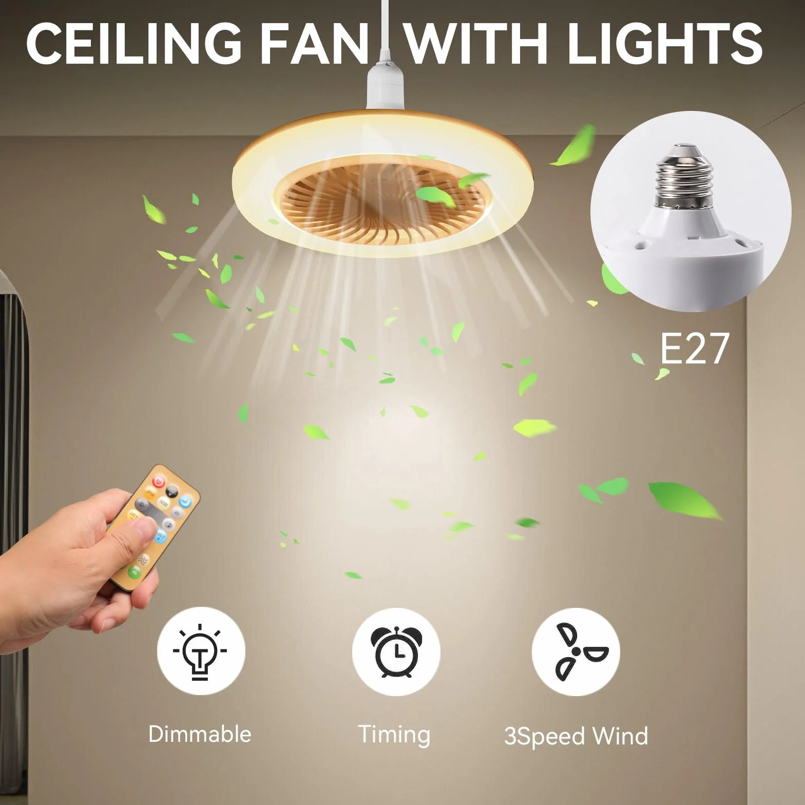 Lampada Ventilatore da Soffitto, E27 Lampadina Ventilatore da Soffitto, Ventilatore da Soffitto con Lampada con Telecomando, 3 velocità, Dimmerabile Ventilatore da Soffitto LED per Camera