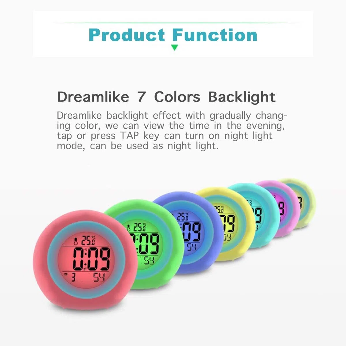 Kids Alarm Clock, sveglia per bambini, 7 colori che cambiano la luce per ragazzi e ragazze, funzione snooze, 8 suonerie, 12/24 ore, controllo one-tap, visualizzazione della temperatura interna