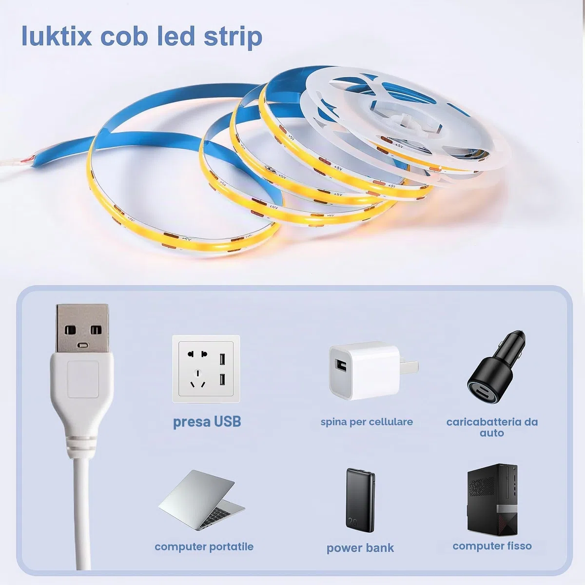USB Striscia LED COB 2.5 metri, Striscia LED Bianco Caldo 3000K 5V con Retro Adesivo, Larghezza 8 mm, CRI 92+, Nastro LED flessibile per retroilluminazione, illuminazione Ambientale