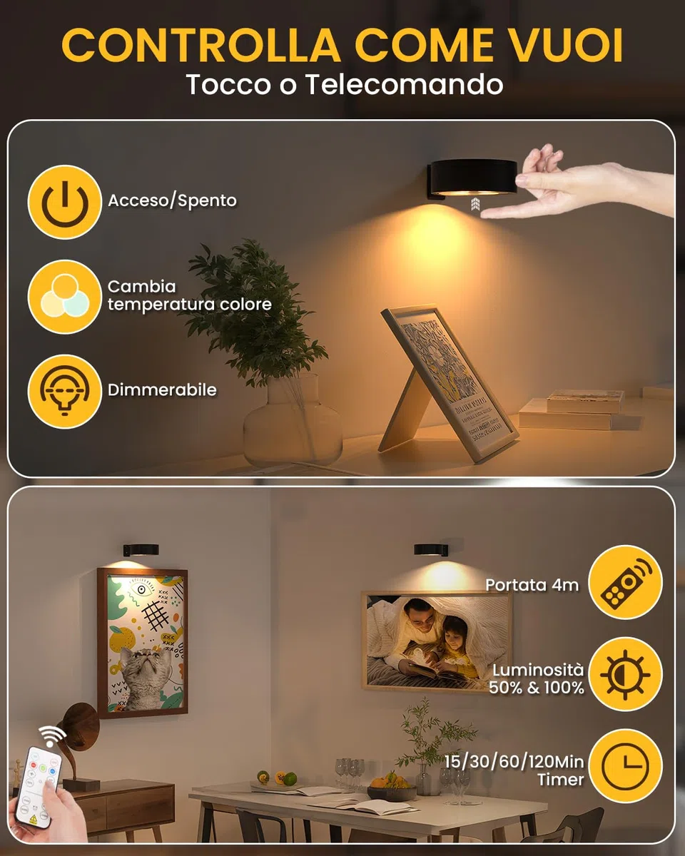 Lustaled Luci per Quadri a Batteria Senza Fili con Telecomando, Luci LED Magnetiche Dimmerabili con Timer, 3 Temperature Colore per Cabine, Dipinti, Arte, Dartboard (Batterie Non Incluse), 3 Pezzi