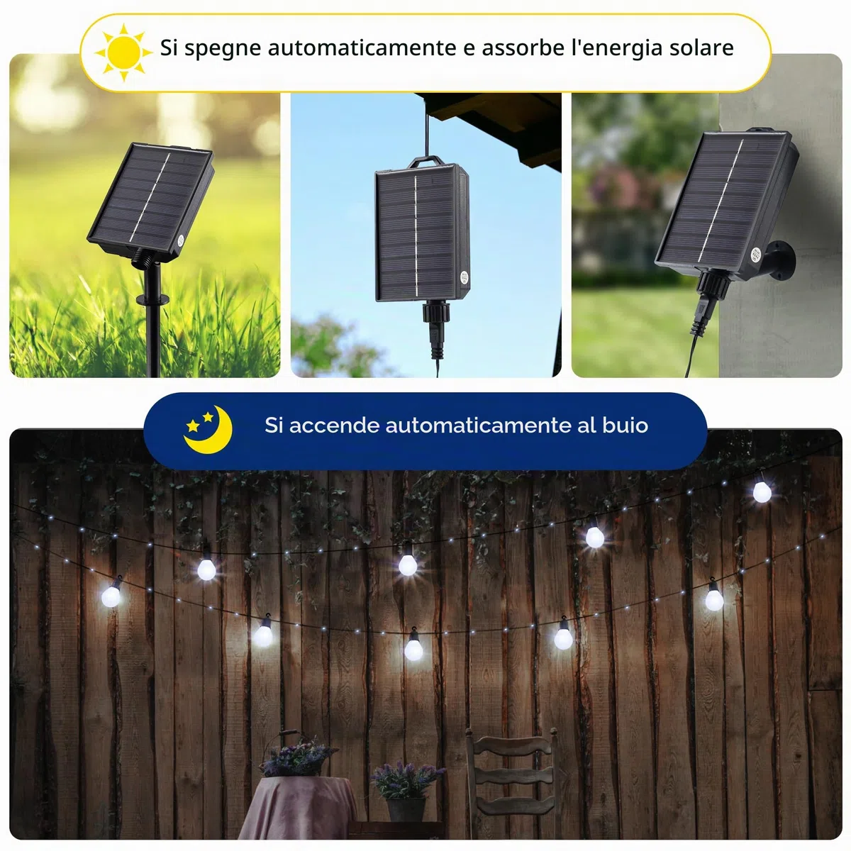 Catena Luminosa Esterno Solari con 20 G40 Lampadine, 10M 100 LED Luci Esterno Solari con Telecomando, Impermeabile, 8 Modi, Decorative Per Giardino, Patio (Bianco Freddo)