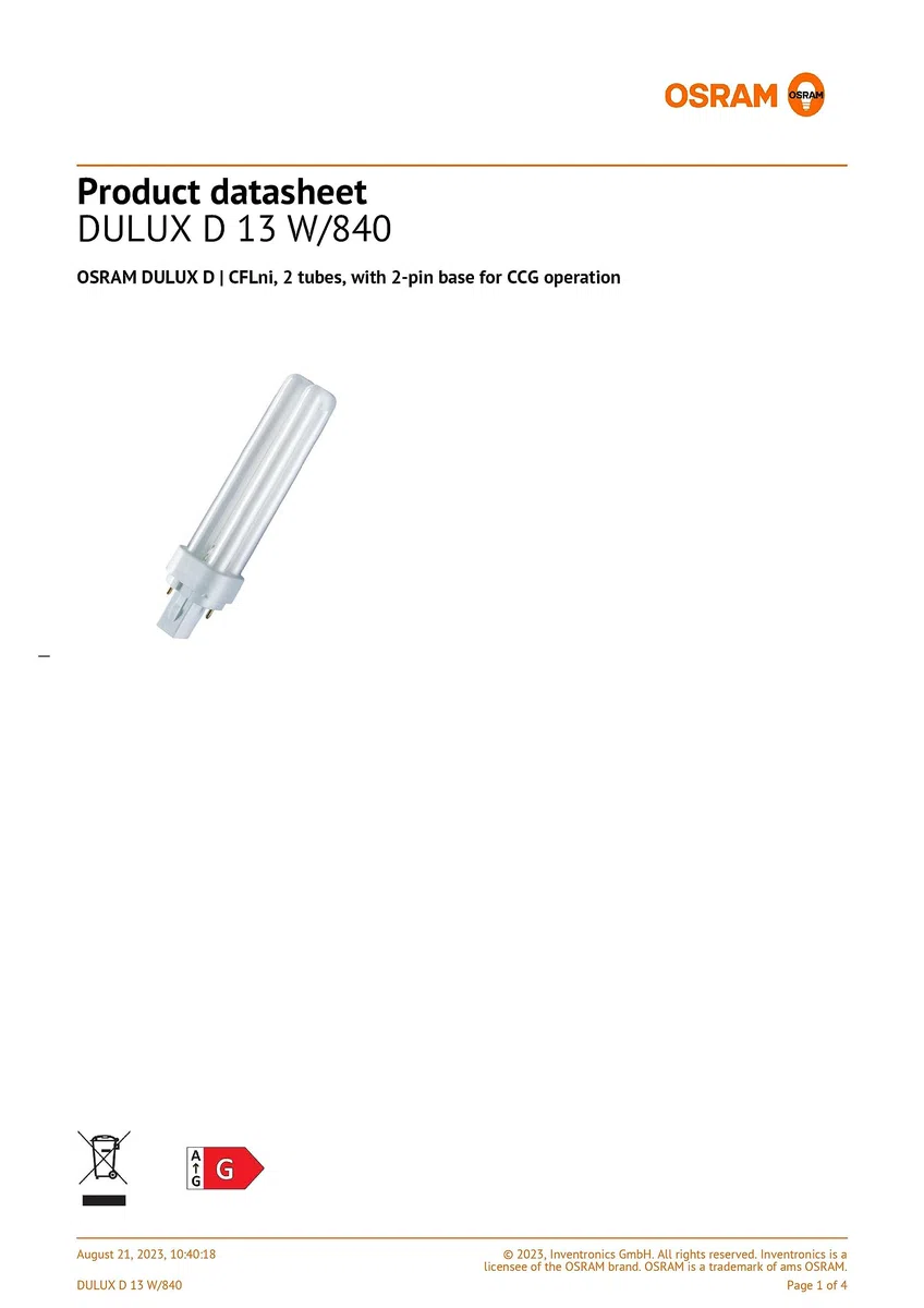 Osram Dulux D G24d-1 13 Watt 840 2 P Lampadina Fluorescente Compatta Bianco Neutro 1 Pezzo