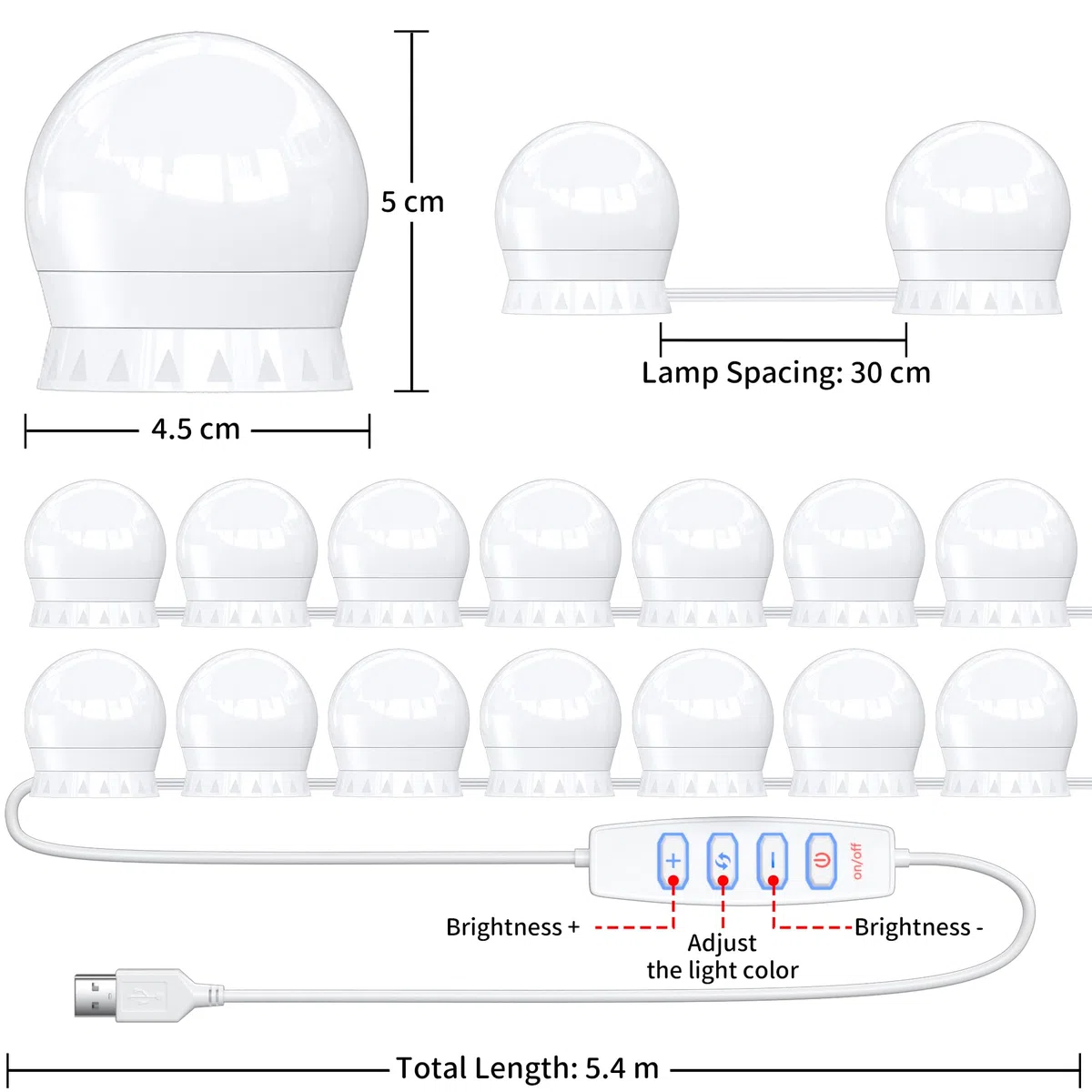 daphomeu USB Luci per Specchio da Trucco, 14 Lampadine Dimmerabili, Luci da Specchio Hollywood con 3 Modalità Colore, Make Up Luci a LED per Trucco Cosmetico Bagno