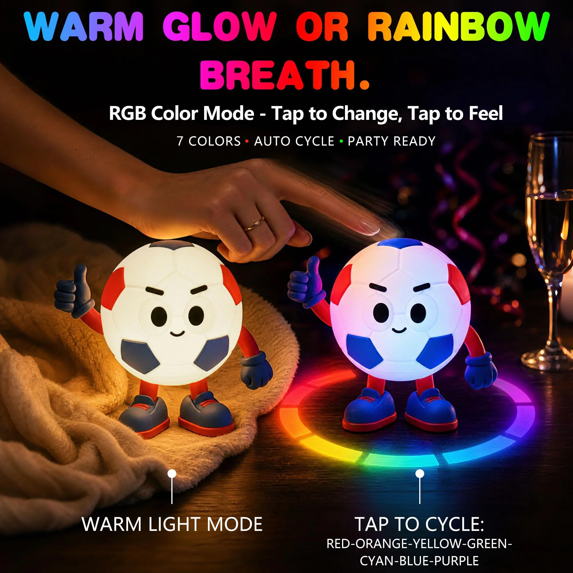 FAMIDUO Luce Notturna Calcio per Bambini, Lampada Silicone Alimentare Senza BPA Calciatore Numero 7 Rosso Verde, LED RGB Dimmerabile con Timer, Idea Regalo Compleanno Ragazzo e Tifosi, USB-C