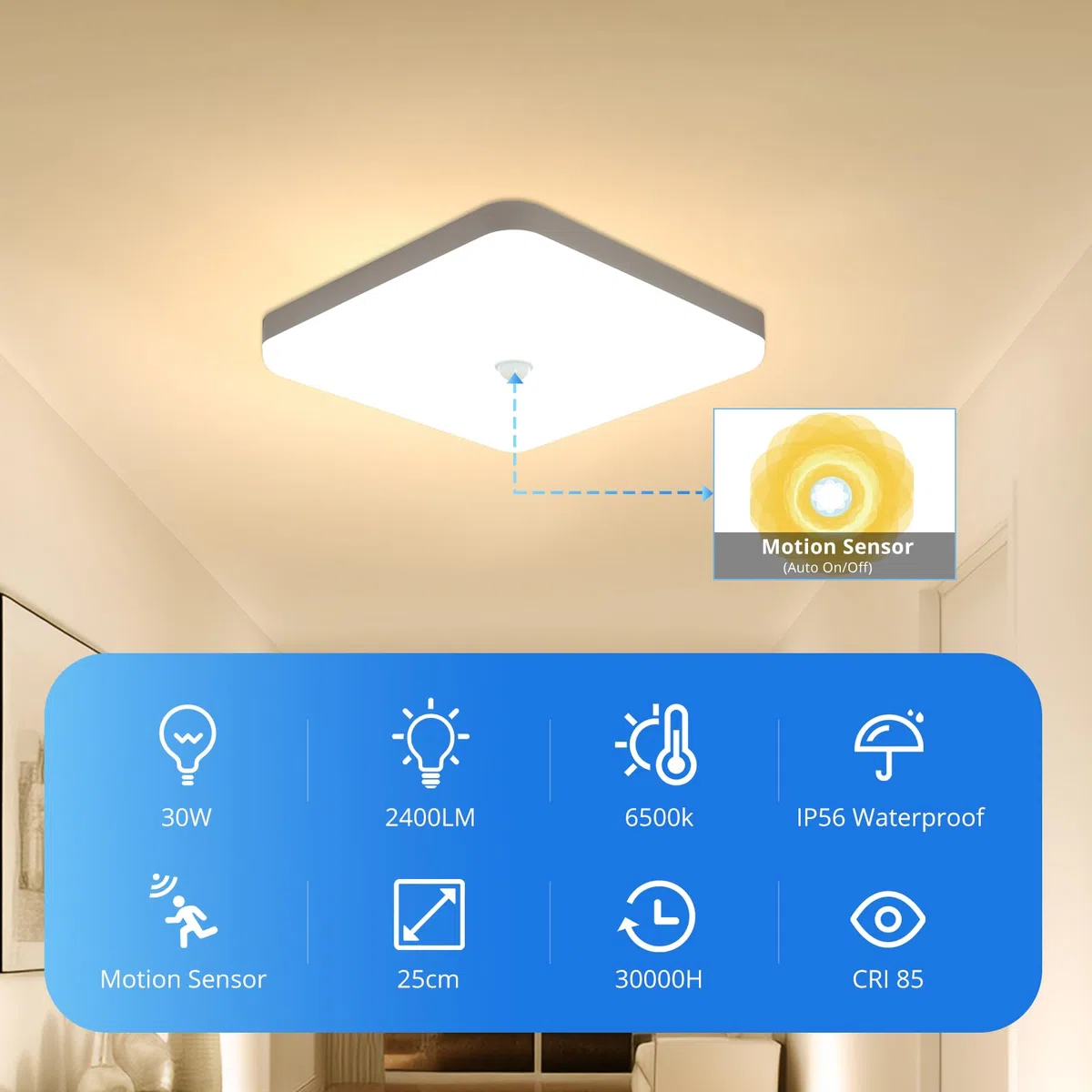 Combuh 25 cm Plafoniera Led con Sensore di Movimento Interno, 30W Lampada Soffitto Quadrata, Bianco Caldo 3000K Plafoniere Rilevatore, IP56 Impermeabile, per Corridoio Garage