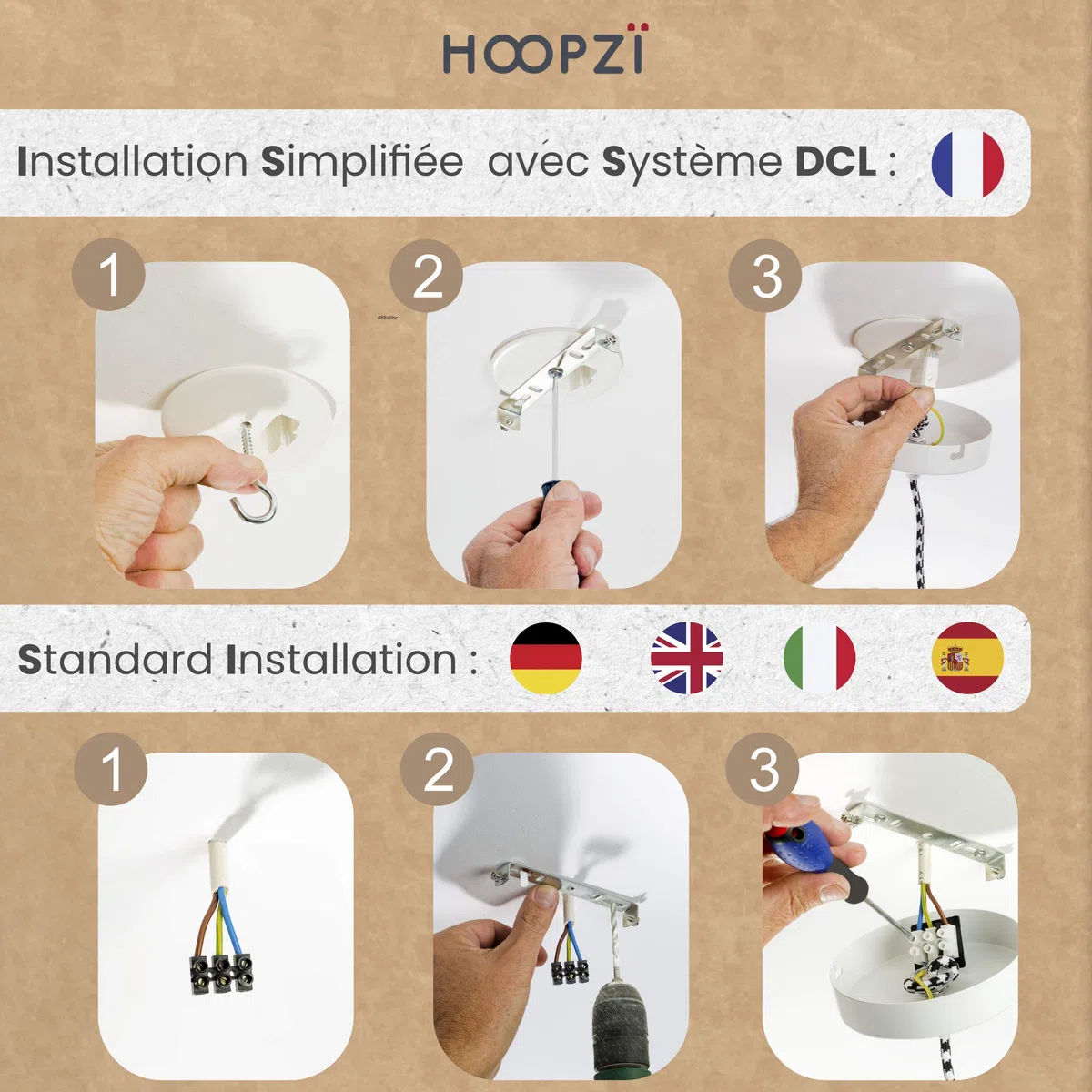Hoopzi - Hang 3 - Lampadario a Sospensione - 2,5 Metri - Cavo Elettrico Tessuto - 3 X Portalampada E27 - Per Camera da Letto, Soggiorno, Cucina - Corda e bianco