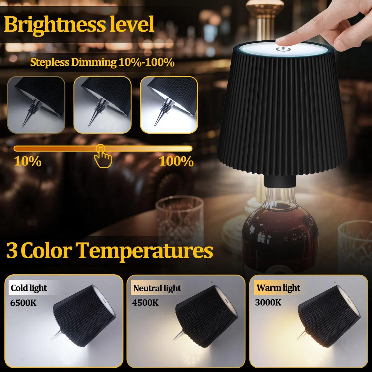 Lampada A Bottiglia Senza Fili, 3 Modalità Regolabili Di Temperatura Colore, Touch, Grado Di Protezione IP54, Ricarica Wireless USB, Lampada Tavolo Per Ristoranti, Camera Da Letto, Giardino (Nero)