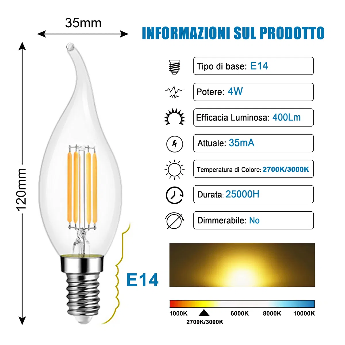 EXTRASTAR Lampadina Filamento LED Fiamma, Attacco E14, 2700K, Giallo caldo , Confezione da 10 Pezzi