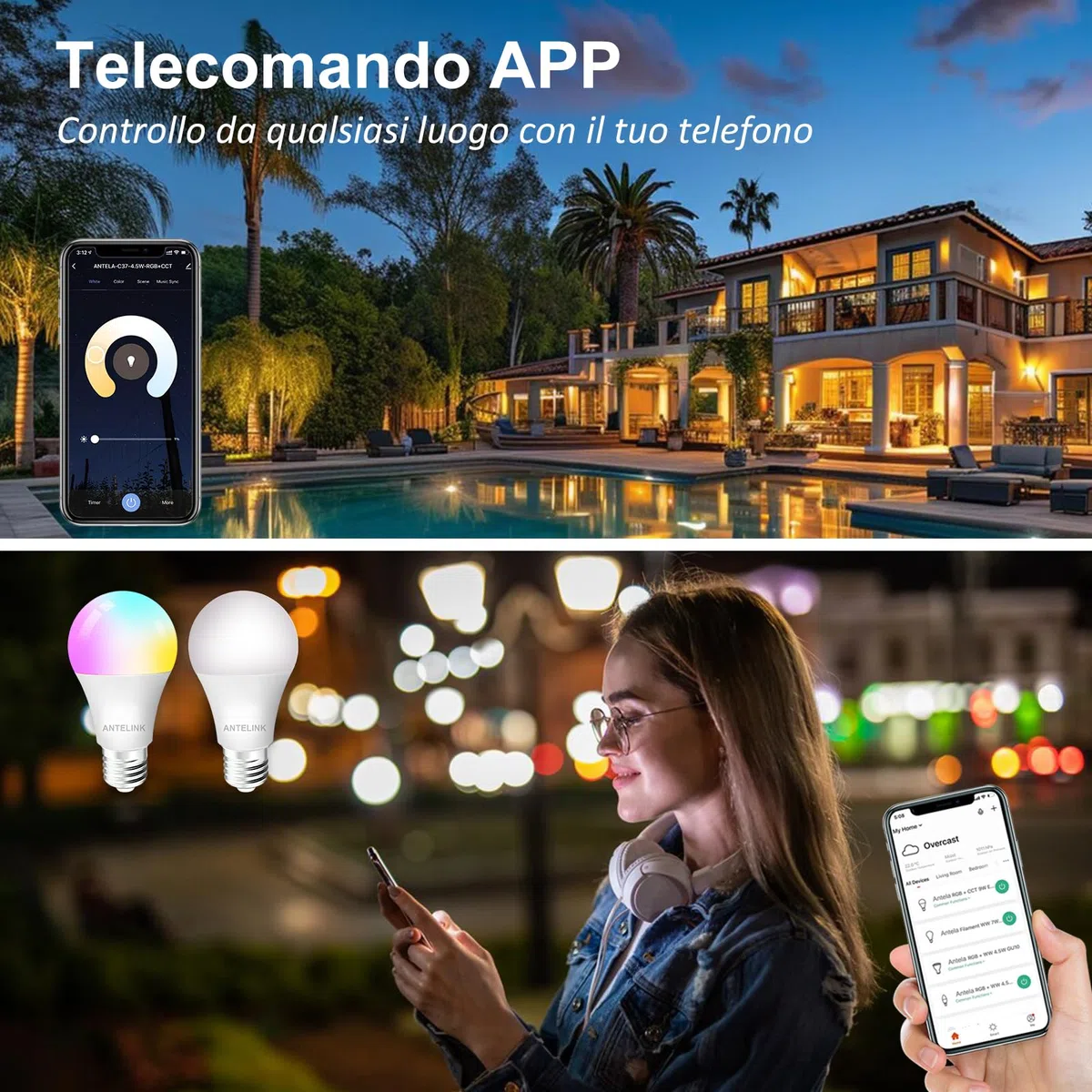 Lampadina Wifi Smart LED E27, 9W 1000lm Lampadina Alexa Dimmerabile, Multicolore 2700k-6500k, Compatibile con Alexa e Google Home, Smart Life/Tuya APP Controllo, 2Pz