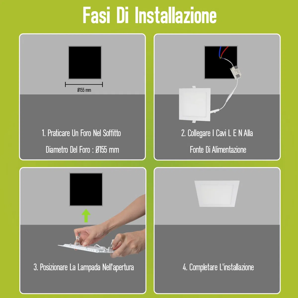 Faretti LED Incasso Cartongesso 12W 960LM Luci Soffitto Interno 120º 3CCT 3000K/4000K/6000K Faretto LED Incasso IP44 Non Dimmerabile Diametro Foro 155 x 155mm AC 230V