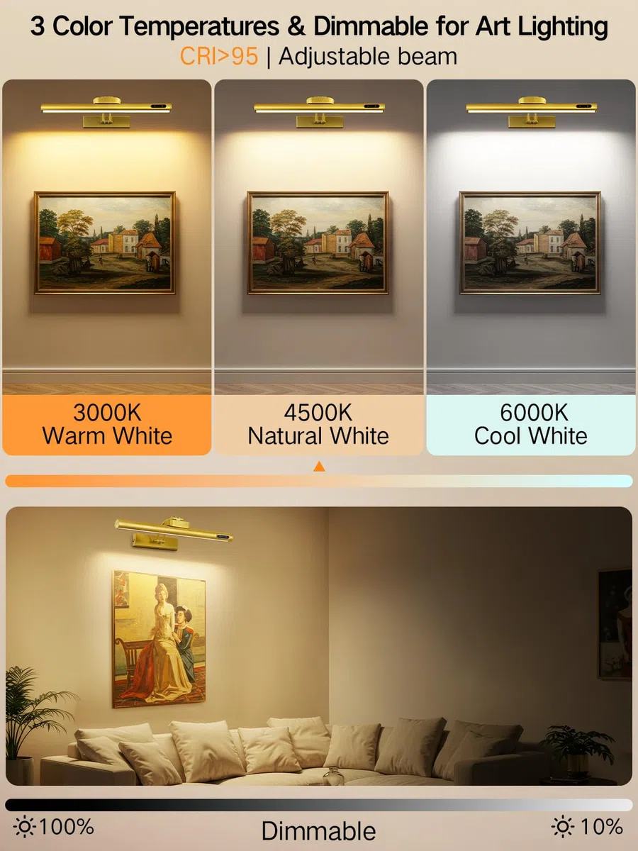 OUTON 40cm Luce LED per Specchio Senza Fili con Telecomando & Touch, Batteria Ricaricabile, Dimmerabile 3-Colore, 4000mAh USB-C, Lampada da Parete per Illuminazione Artistica, Specchio e Armadio – Oro