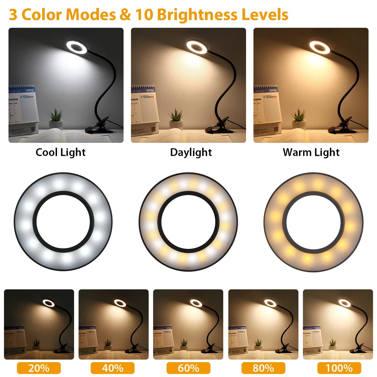 TBTeek Lampada da Lettura, 48 LED Lampada a Pinza, Lampada da Scrivania per la Cura degli Occhi, 3 Modalità e 10 Livelli di Dimmerazione, Lampada a Morsetto per Uso Ufficio Casa, Adattatore CE Incluso