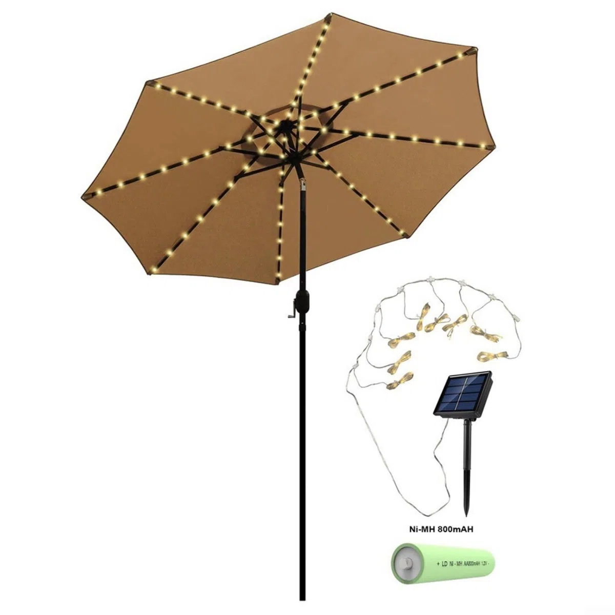 Luci solari a LED per ombrellone, da giardino, patio, ombrello, 6 modalità, 104 LED, striscia luminosa per ombrellone da giardino, tenda da campeggio (bianco caldo)